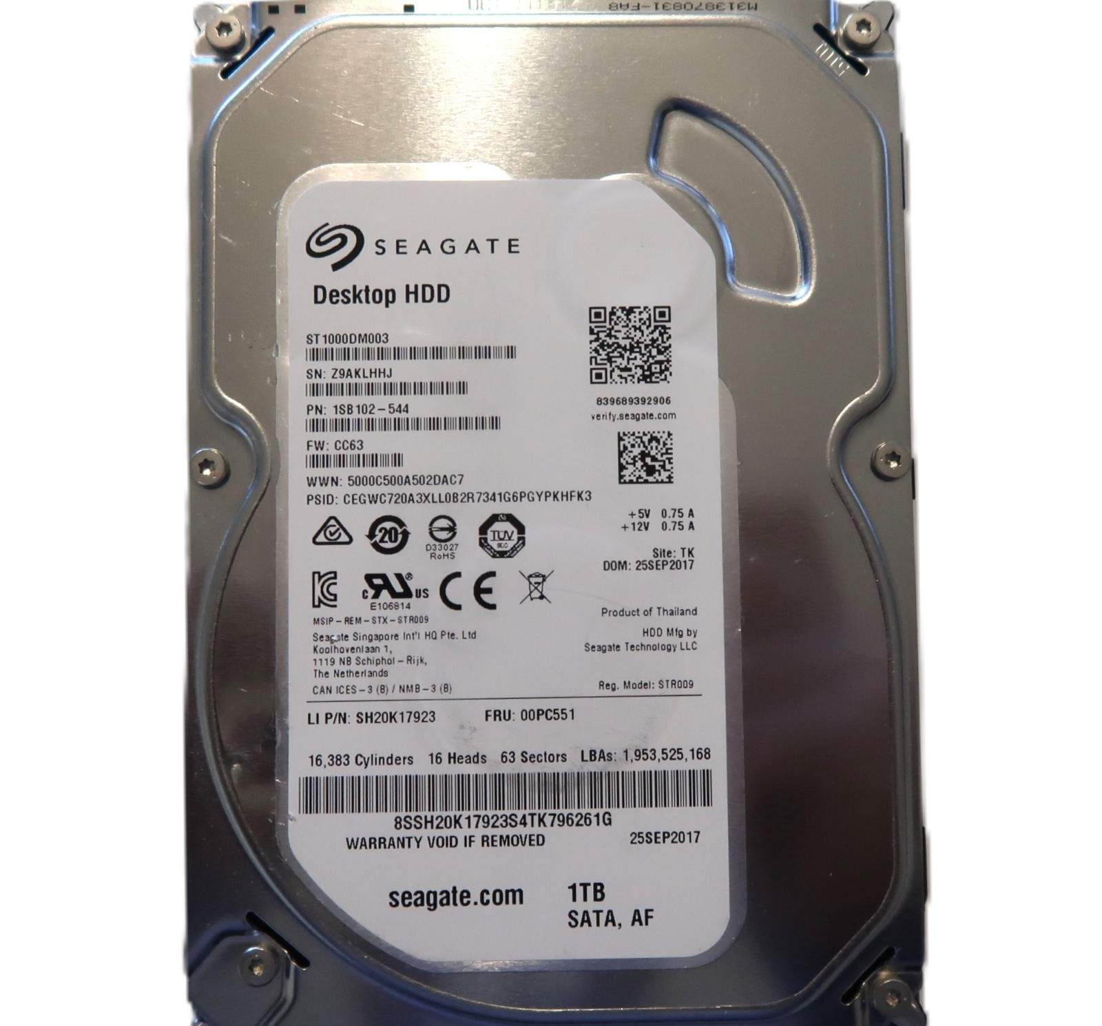 Seagate ST1000DM003 1SB102-544 CC63 (Z9AK) TK Thailand 1TB 3.5" Sata HDD 09/2017