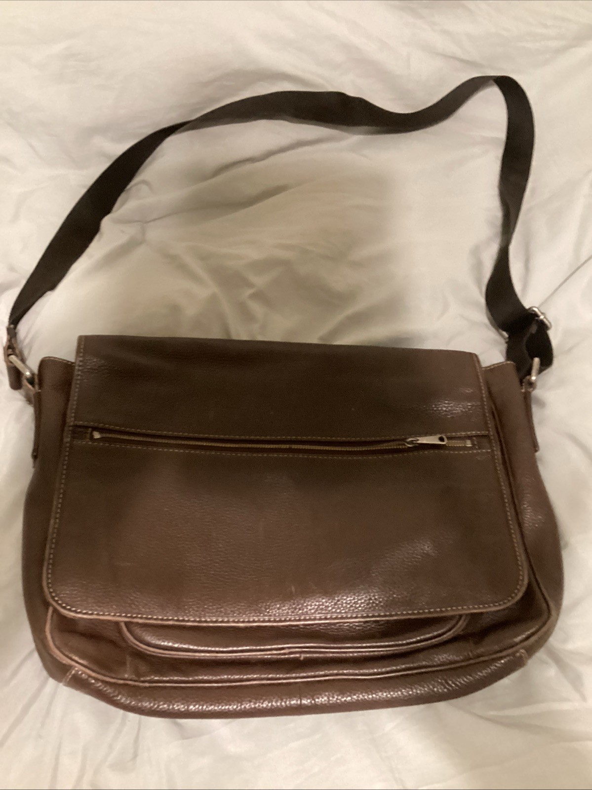 FOSSIL Dark Brown Pebbled Leather And Nylon Messenger Crossbody Laptop Bag