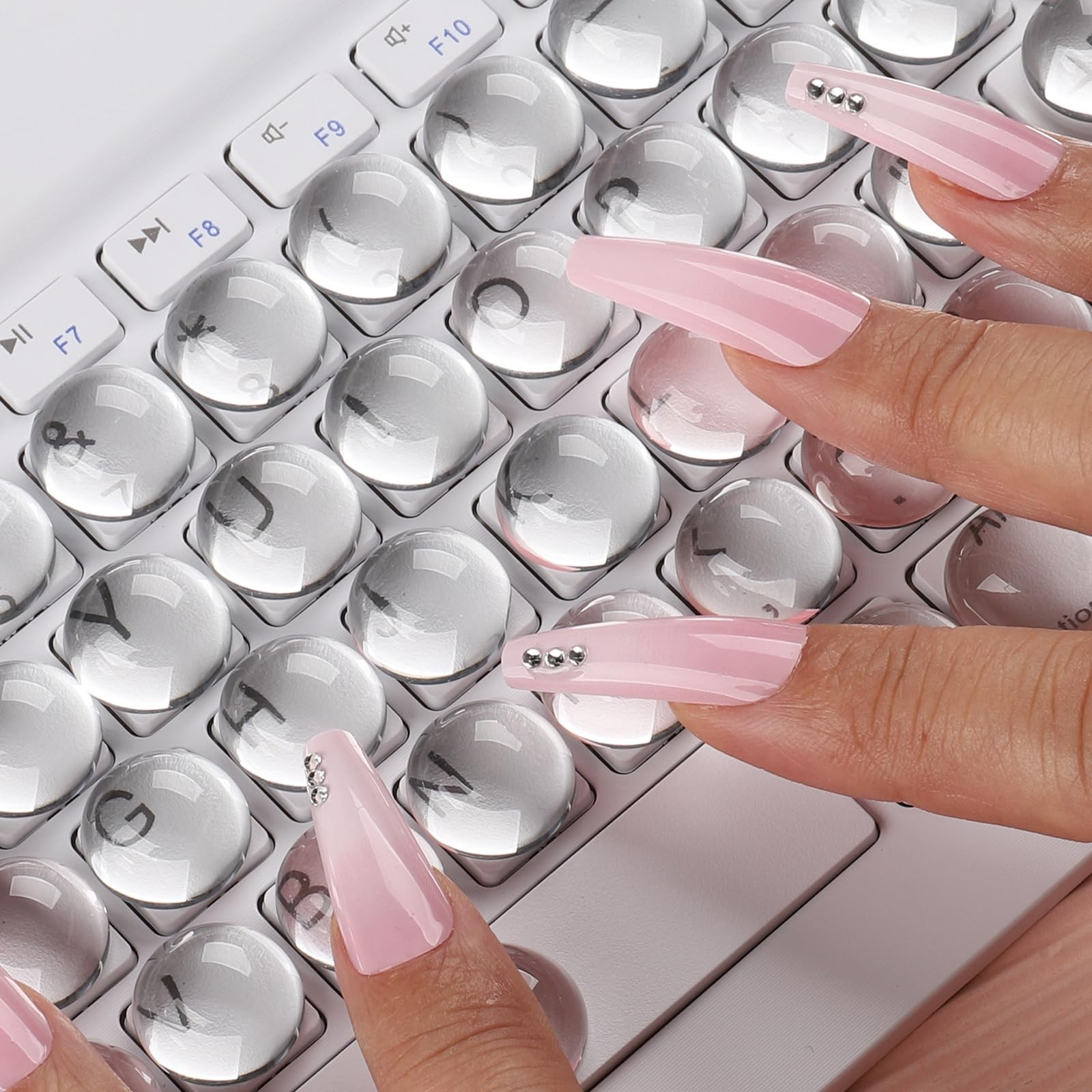 68PCS Keyboard for Long Nails, Transparent Glass Raised Spherical