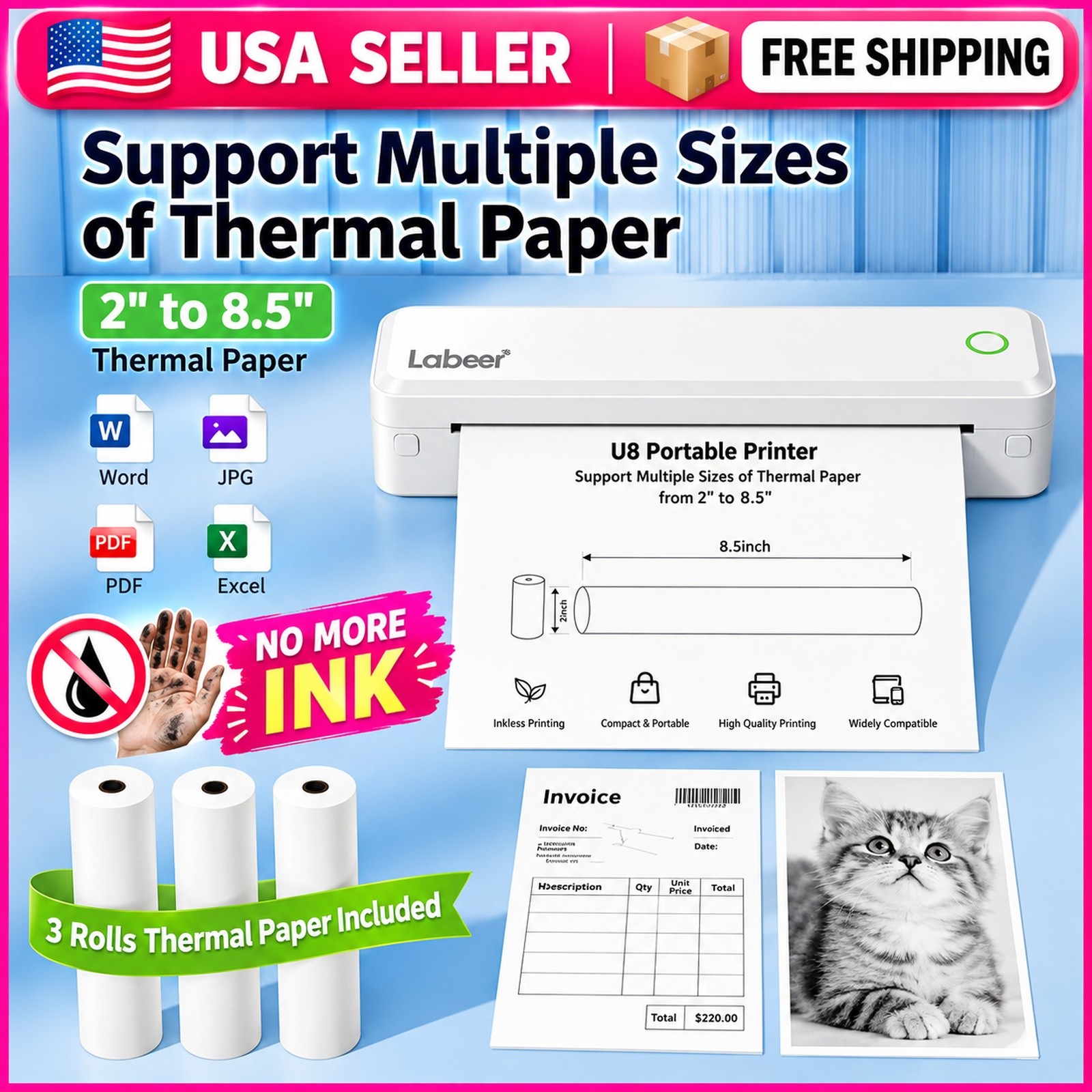 Portable Thermal Printer A4 8.5x11 Letter Bluetooth Inkless Wireless Travel