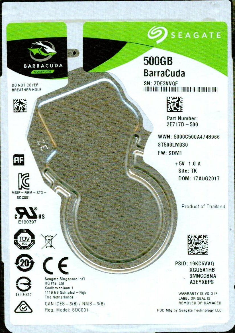 ST500LM030,  2E717D-500,  F/W: SDM1 TK  ZDE3  SEAGATE SATA 500GB  AUG 2017