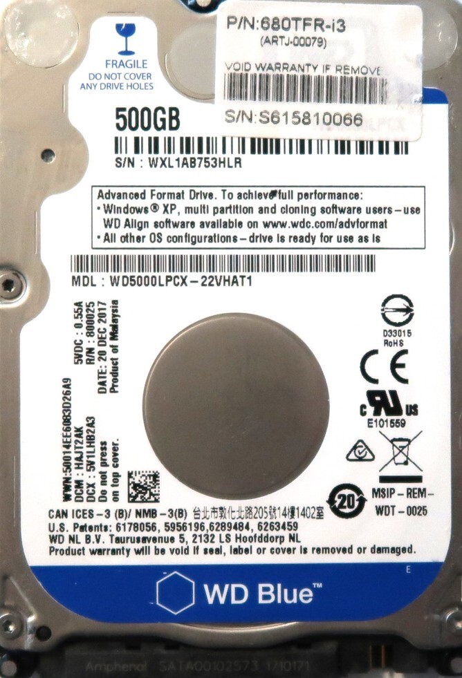 WD5000LPCX-22VHAT1 HAJT2AK Malaysia 500gb 2.5" Sata HDD DEC.2017
