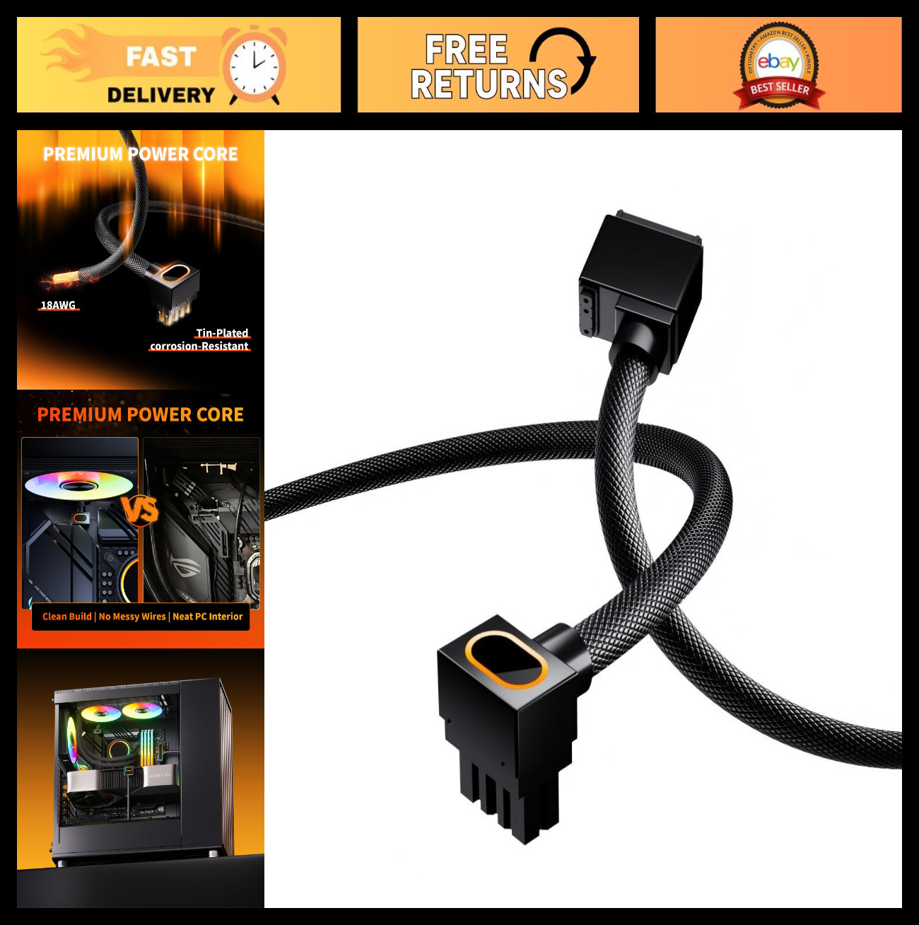 8PIN Motherboard Extension Cable, 5V 3Pin ARGB, 18AWG Right-Angle, Male-Female C