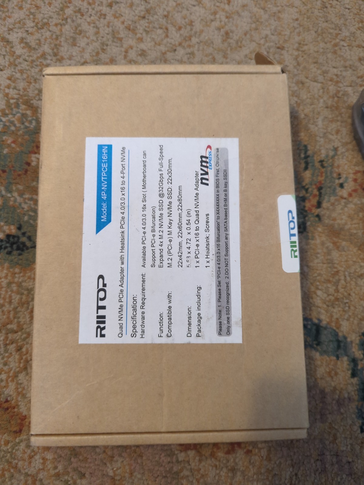 Riitop 4p-NVTPCE16HN Quad M.2 NVMe to PCIe 4/3.0 Card, PCIe Bifurcation Required