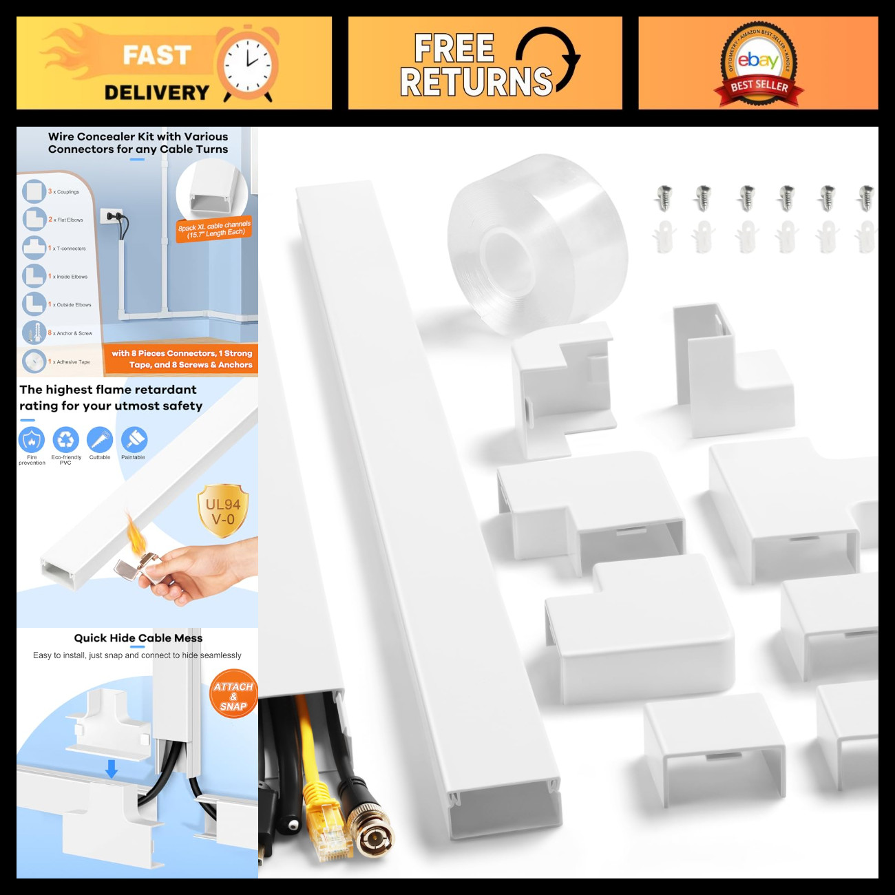 Cable Management Kit - 126in Cord Hider, Wall Wire Covers, Paintable Raceway for