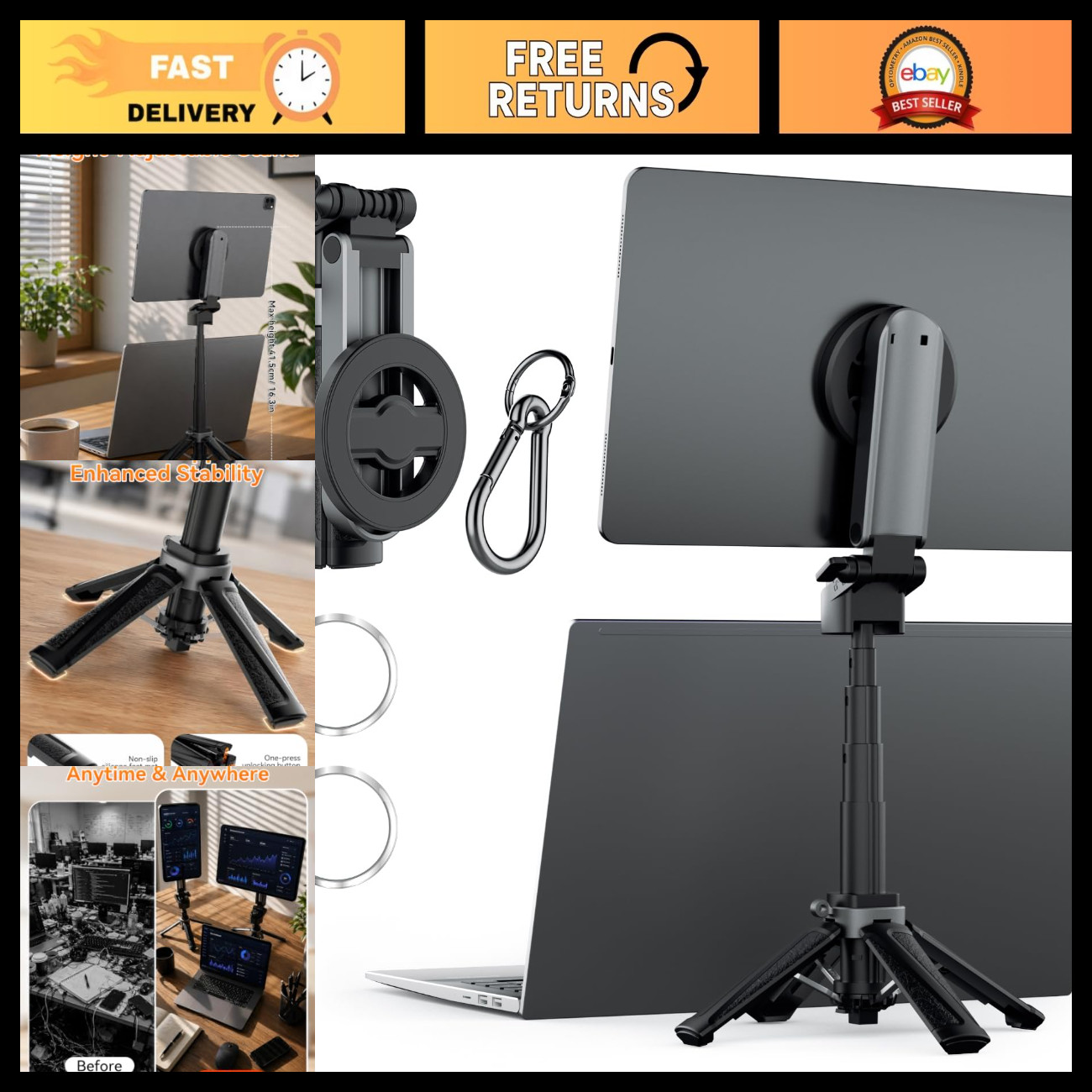 Portable Travel Monitor Stand - Magnetic Height Adjustable Tripod Mount, Foldabl