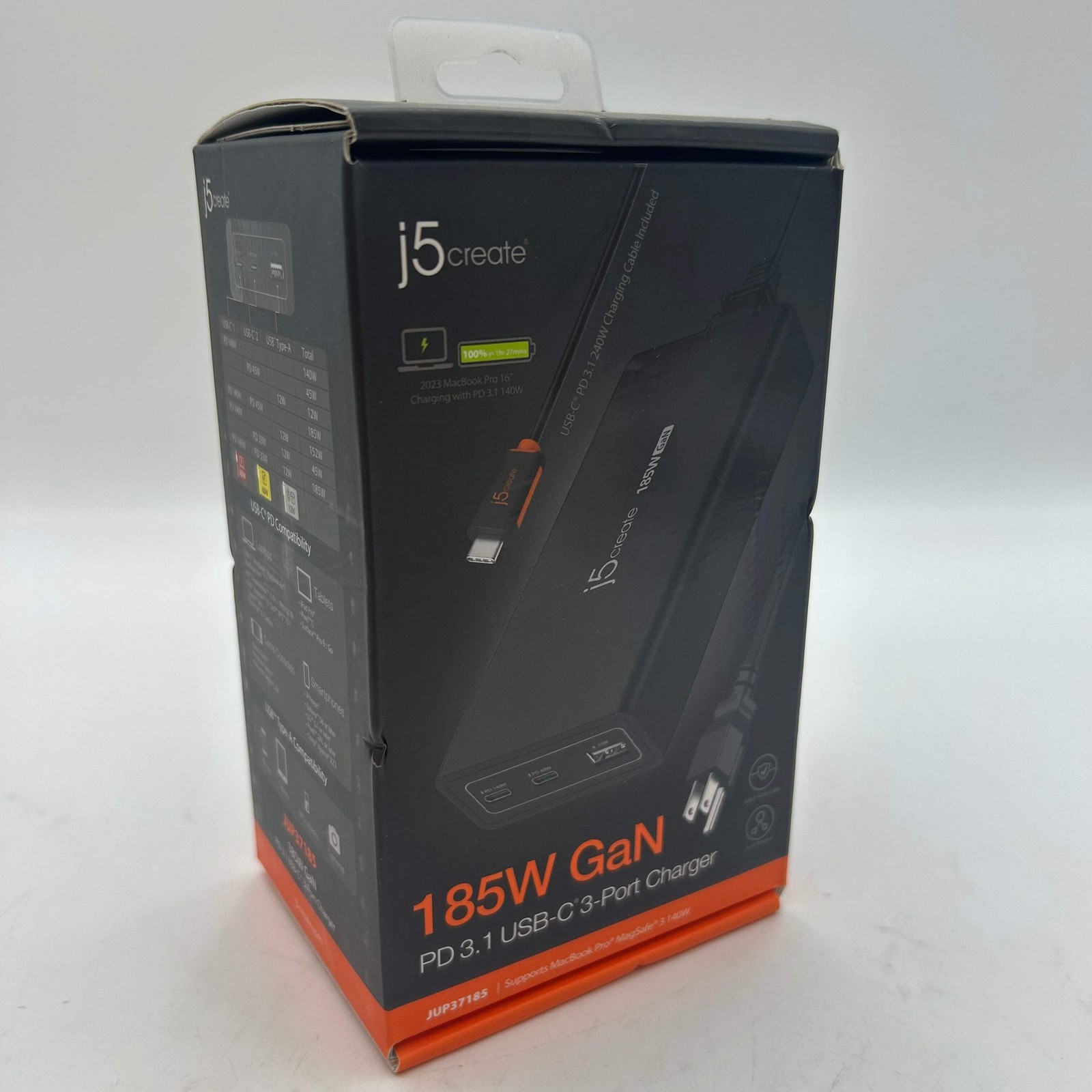 J5CREATE 185W GaN PD 3.1 USB-C 3-Port Charging Dock - Brand New