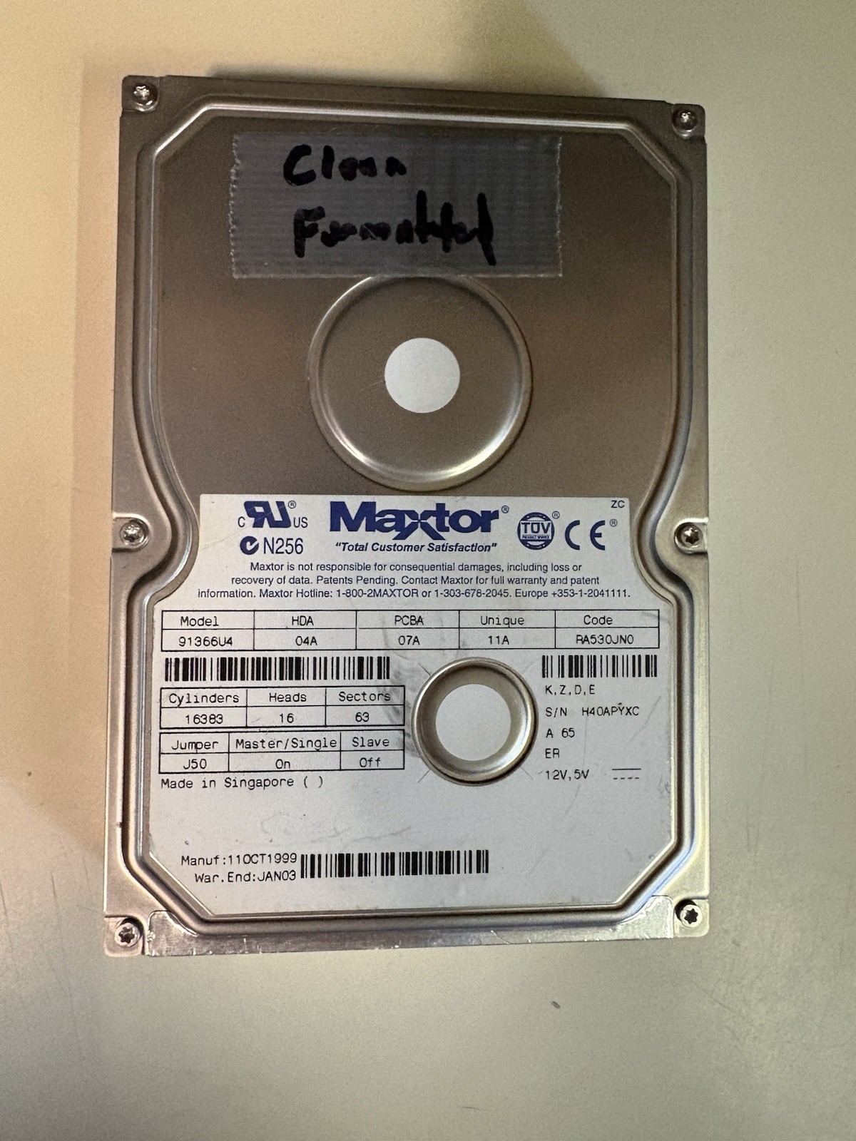 Maxtor 91366U4 13.6GB IDE PATA 3.5" Internal Hard Drive Vintage Untested