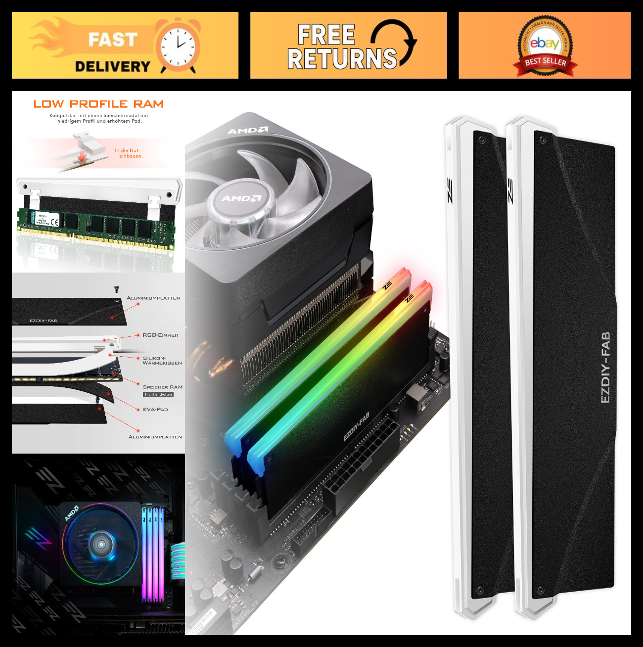 5V ARGB RAM Cooler Heatsink for DIY PC Gaming, DDR3/DDR4, 2 Pack, Aura Sync Comp