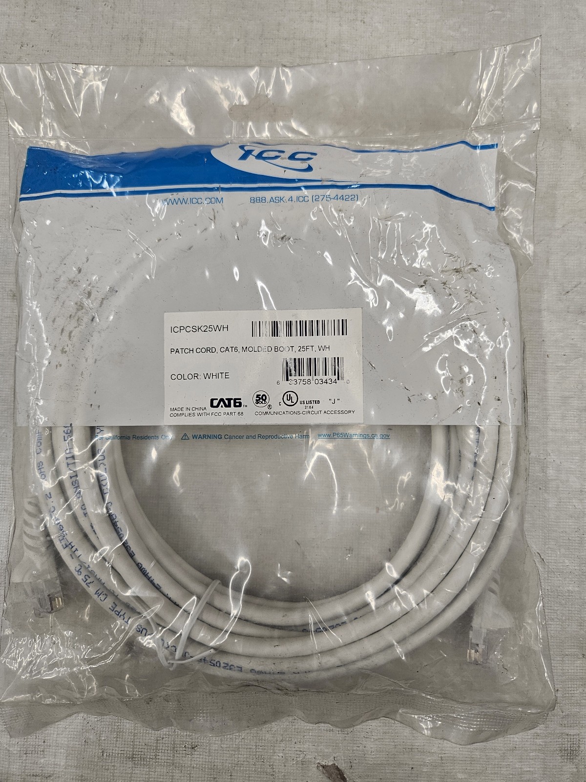 ICC Cat 6 Patch Cord Ethernet Cable Booted Brand New 25ft White