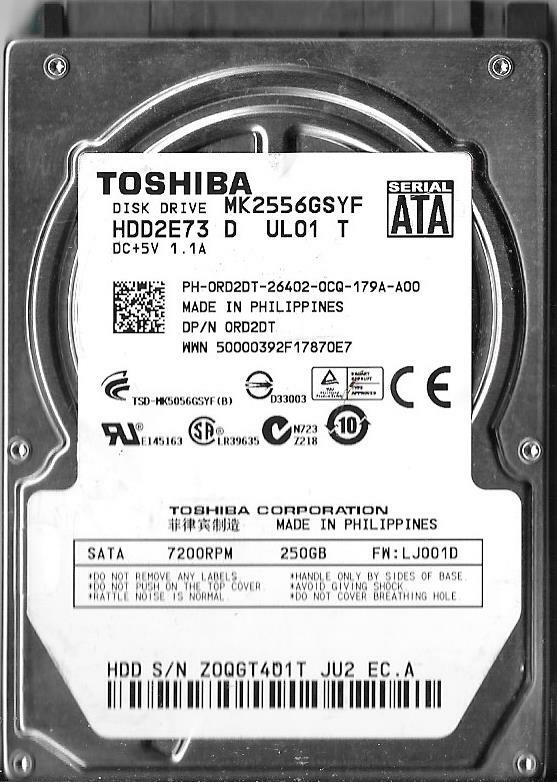 Toshiba MK2556GSYF HDD2E73 D UL01 T 250GB Sata Hard Drive