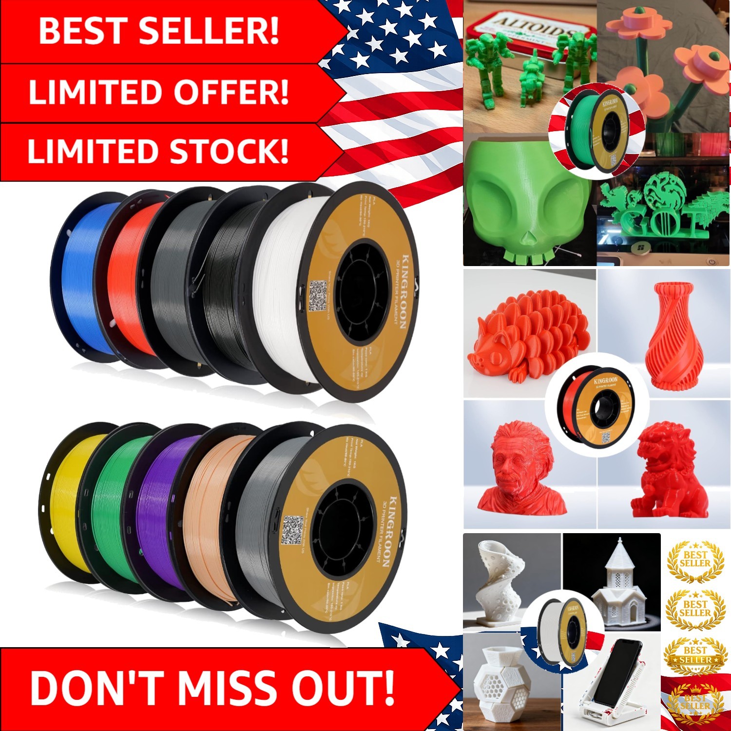 Kingroon 10 Rolls PLA 3D Printer Filament Set, 1.75mm, 10kg, Precise Color Range