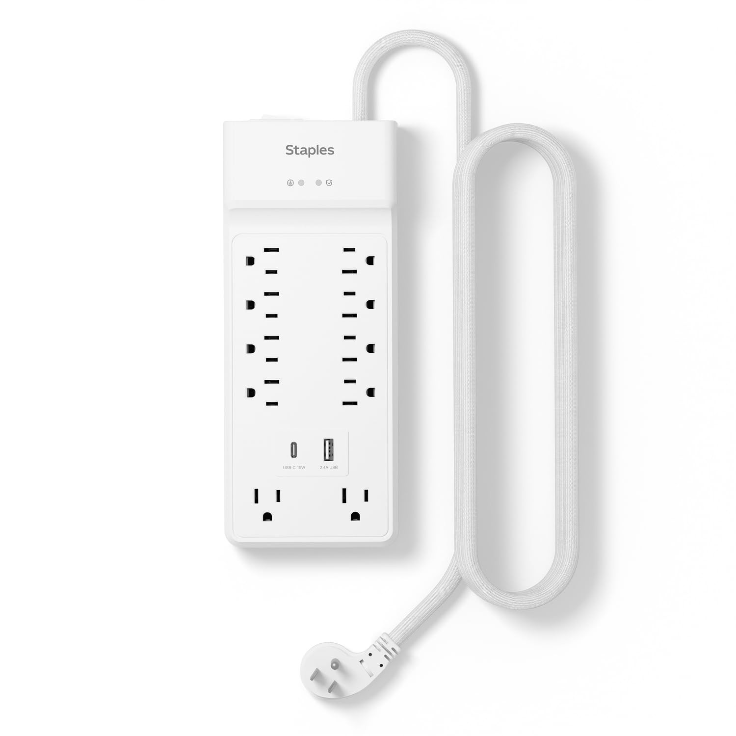 Staples TECH 10-Outlet Surge Protector, 2 USB Ports, 6 Ft 6 ft cord, White