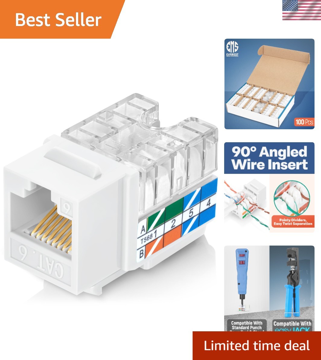 Everest 90 Degree RJ45 cat6 Keystone Jacks Slim Profile 100-Pack White | Comp...