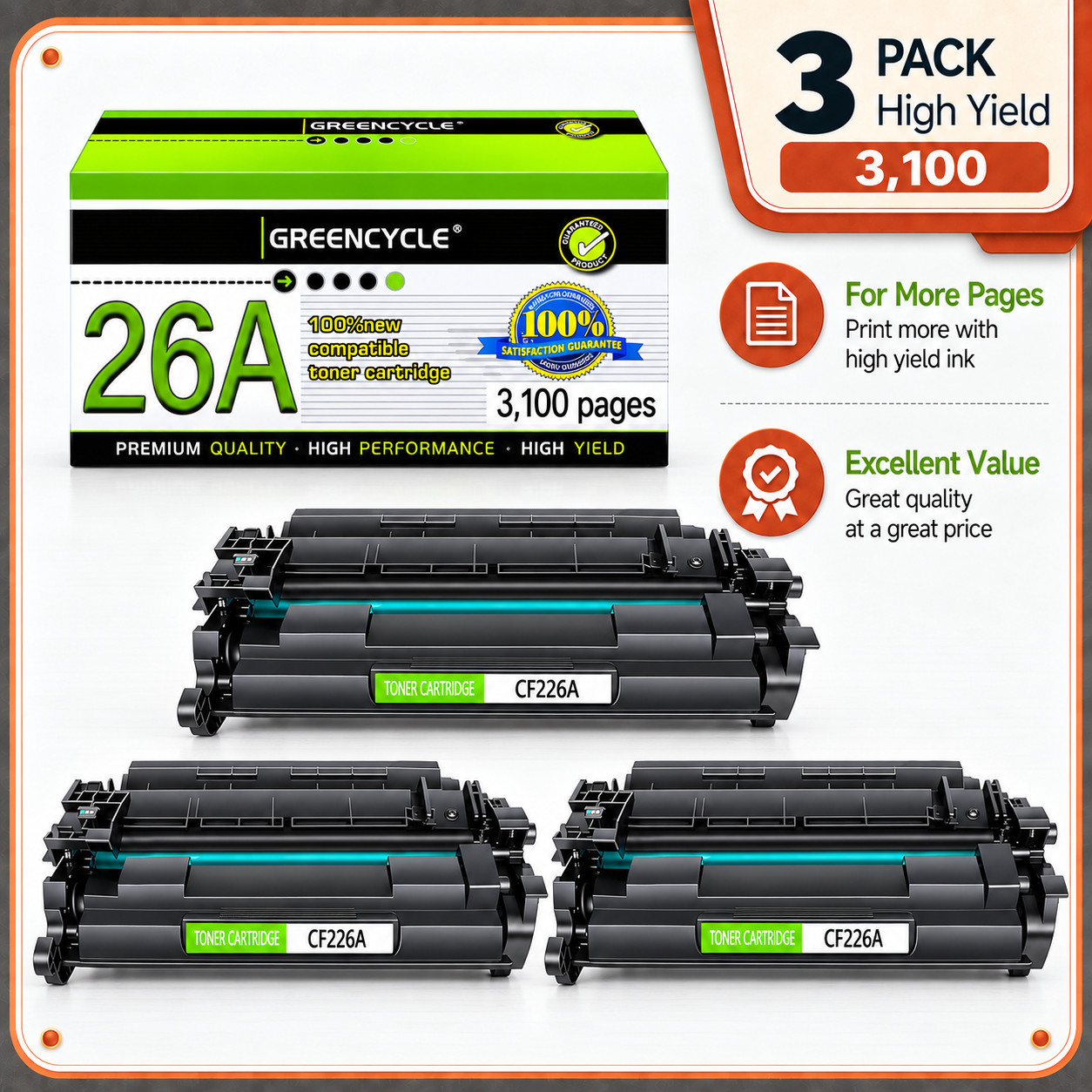 3PK Fits For HP Laserjet Pro M402n MFP M426fdw CF226A 26A Black Toner Cartridge
