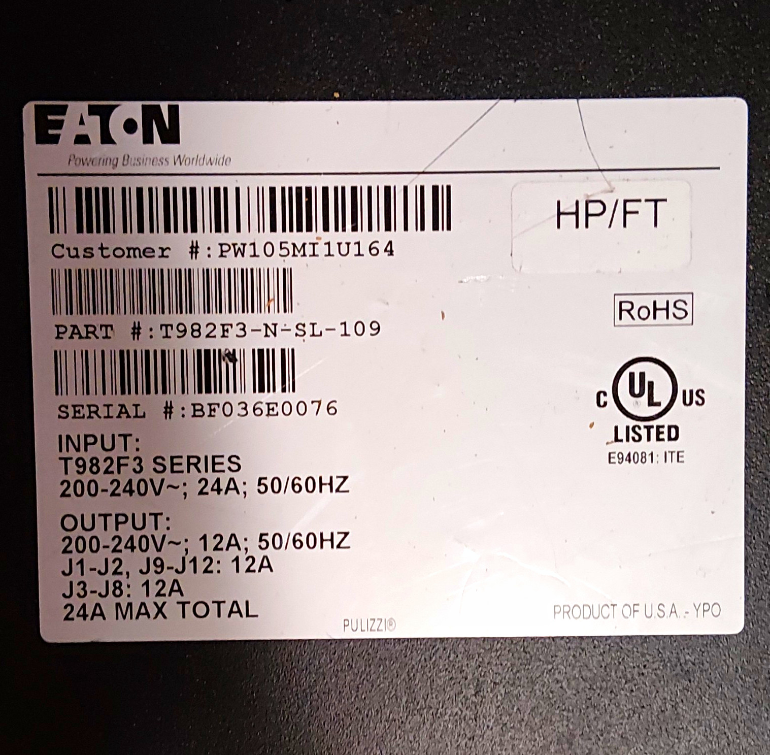 Eaton PW105MI1U164 T982F3-N-SL-109 PDU 12-Outlet 200-240V 24A Black
