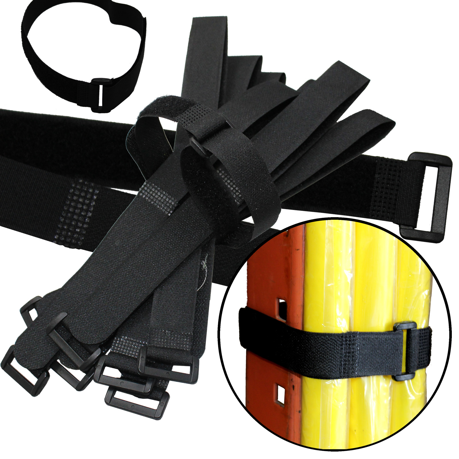Durable 10 Hook and Loop Reusable Cable Tie Down Straps Kit 20 inch x 1" Black