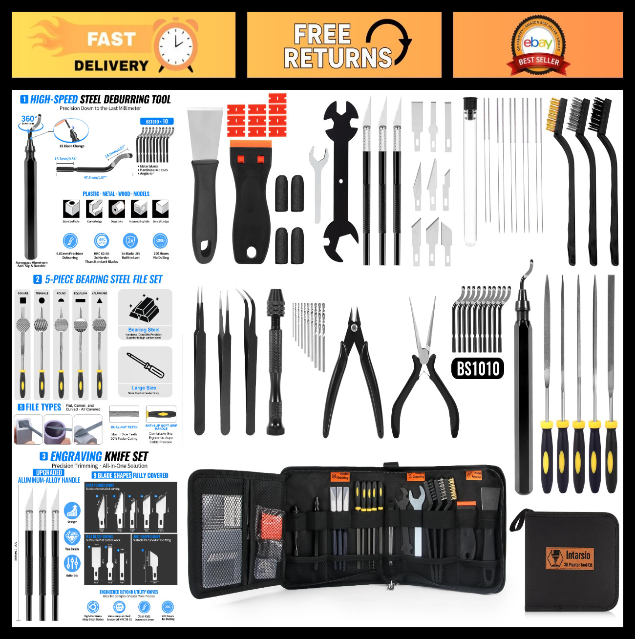68Pcs 3D Printer Tool Kit with Storage Case - Deburring, Scrapers, Files, Brushe