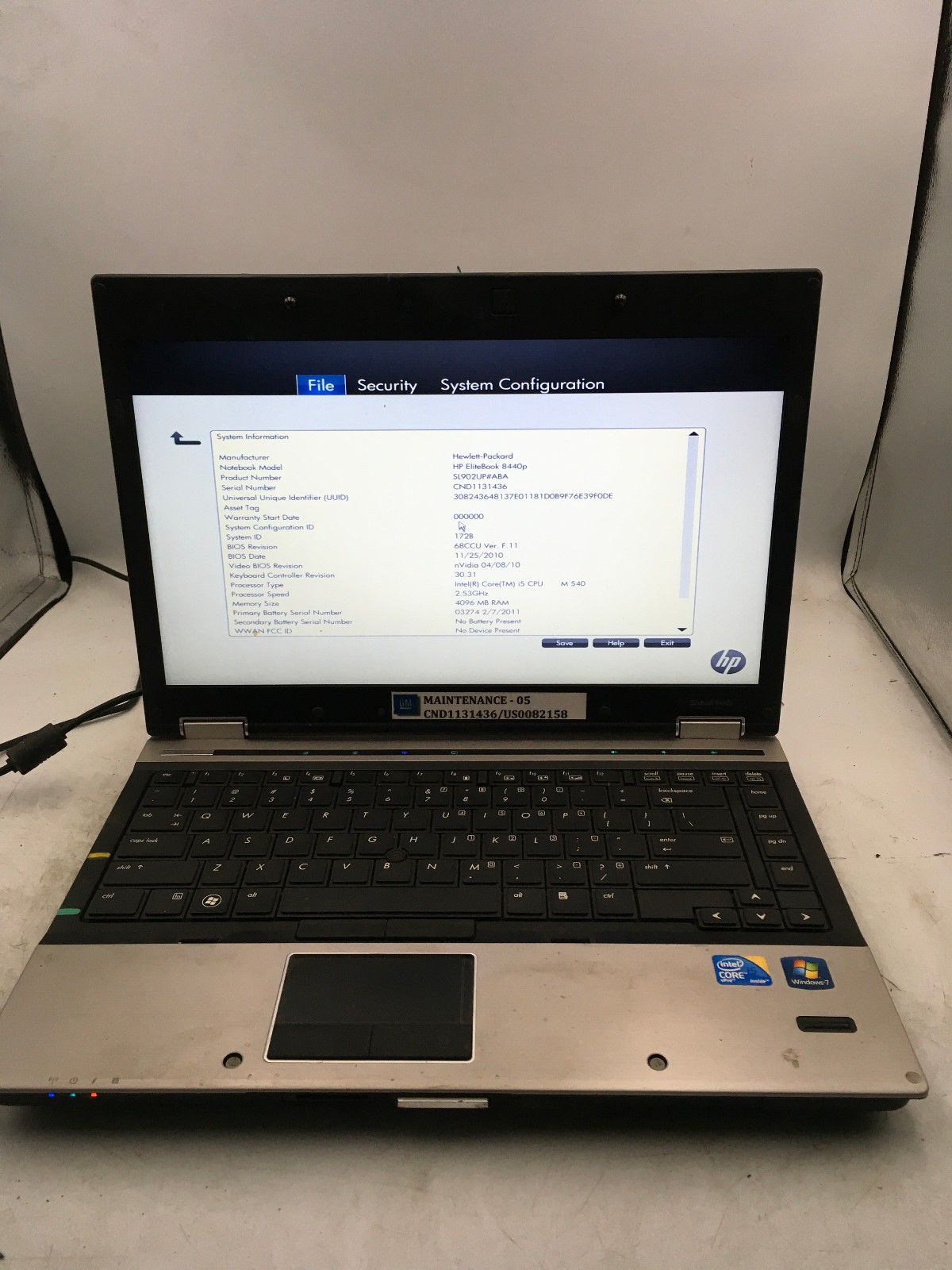 HP ELITEBOOK 8440P - BOOTS TO BIOS - INTEL CORE I5 M540 - 4GB RAM - READ - BB