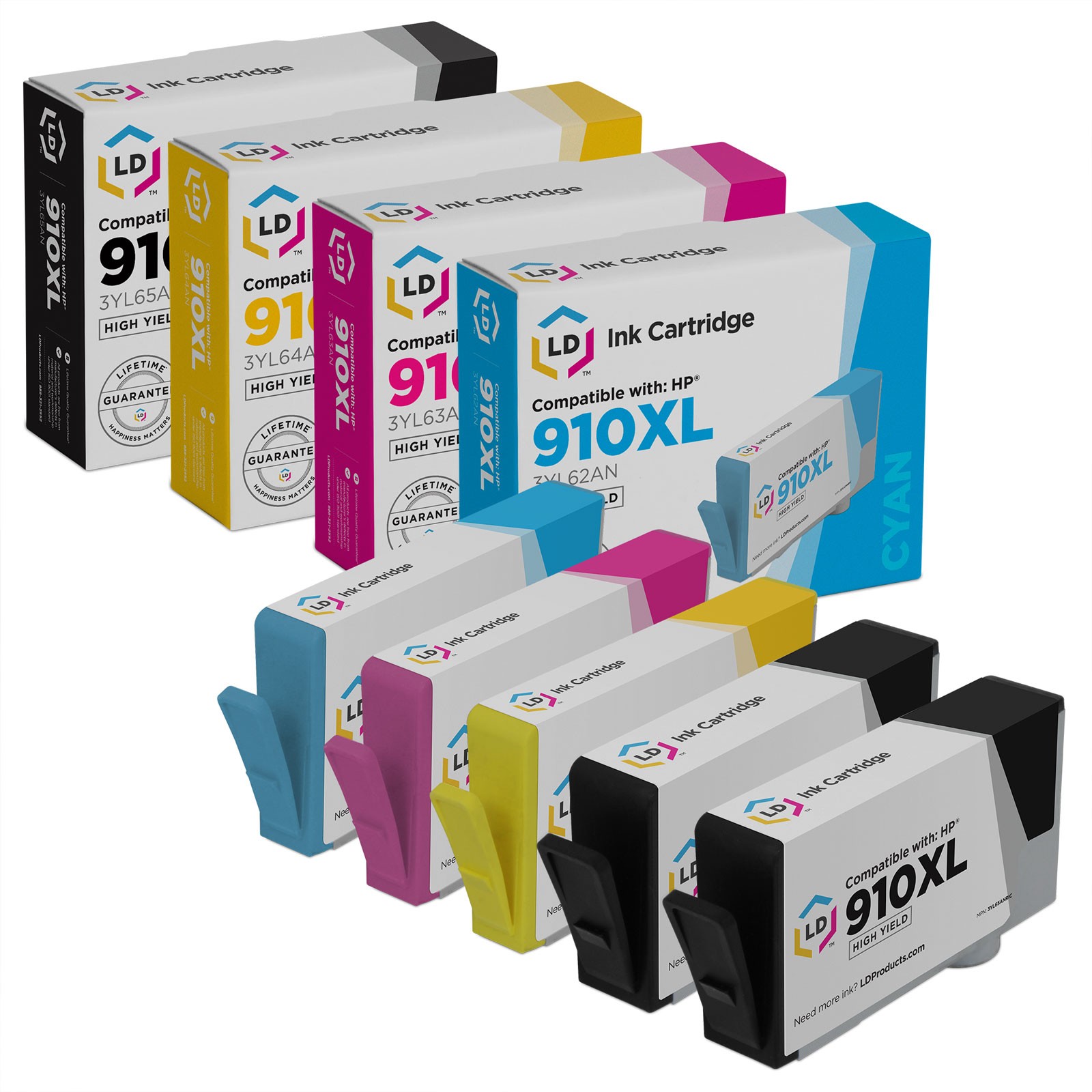 LD Replacements for HP 910XL HY Ink Cartridges 2 Black 1 Cyan 1 Magenta 1 Yellow