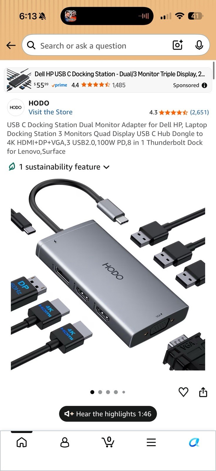HODO USB C Docking Station Triple Monitor HDMI DP VGA 100W PD Open Box