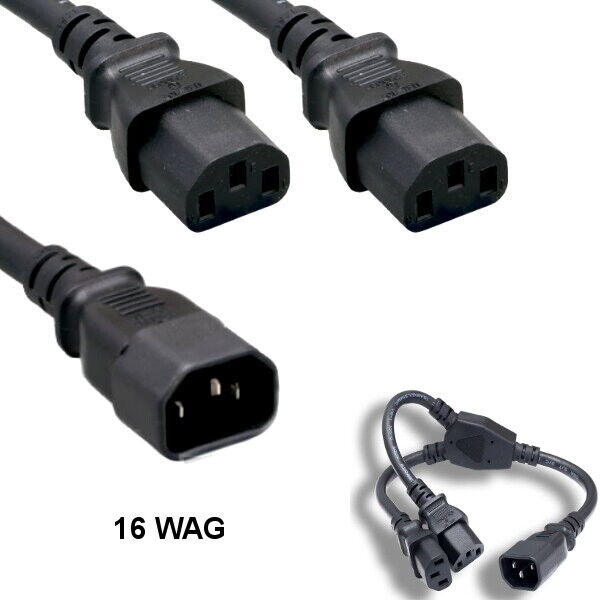 10PCS 1' Power Extension Splitter Cable IEC-60320 C14 to 2x C13 16AWG 13A/250V