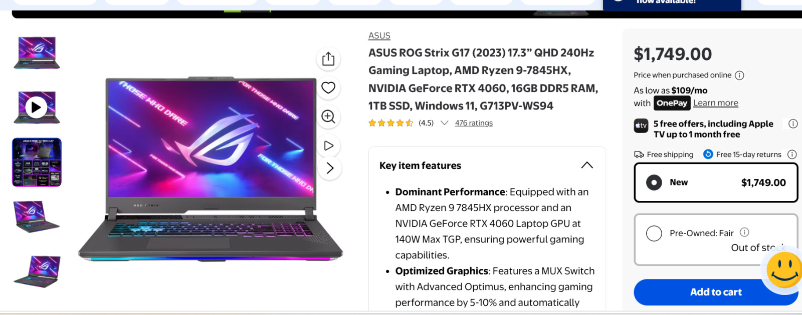 ASUS ROG Strix G17 17.3'' (1TB SSD AMD Ryzen 9 7845HX 3GHz 16GB RAM) Gaming...