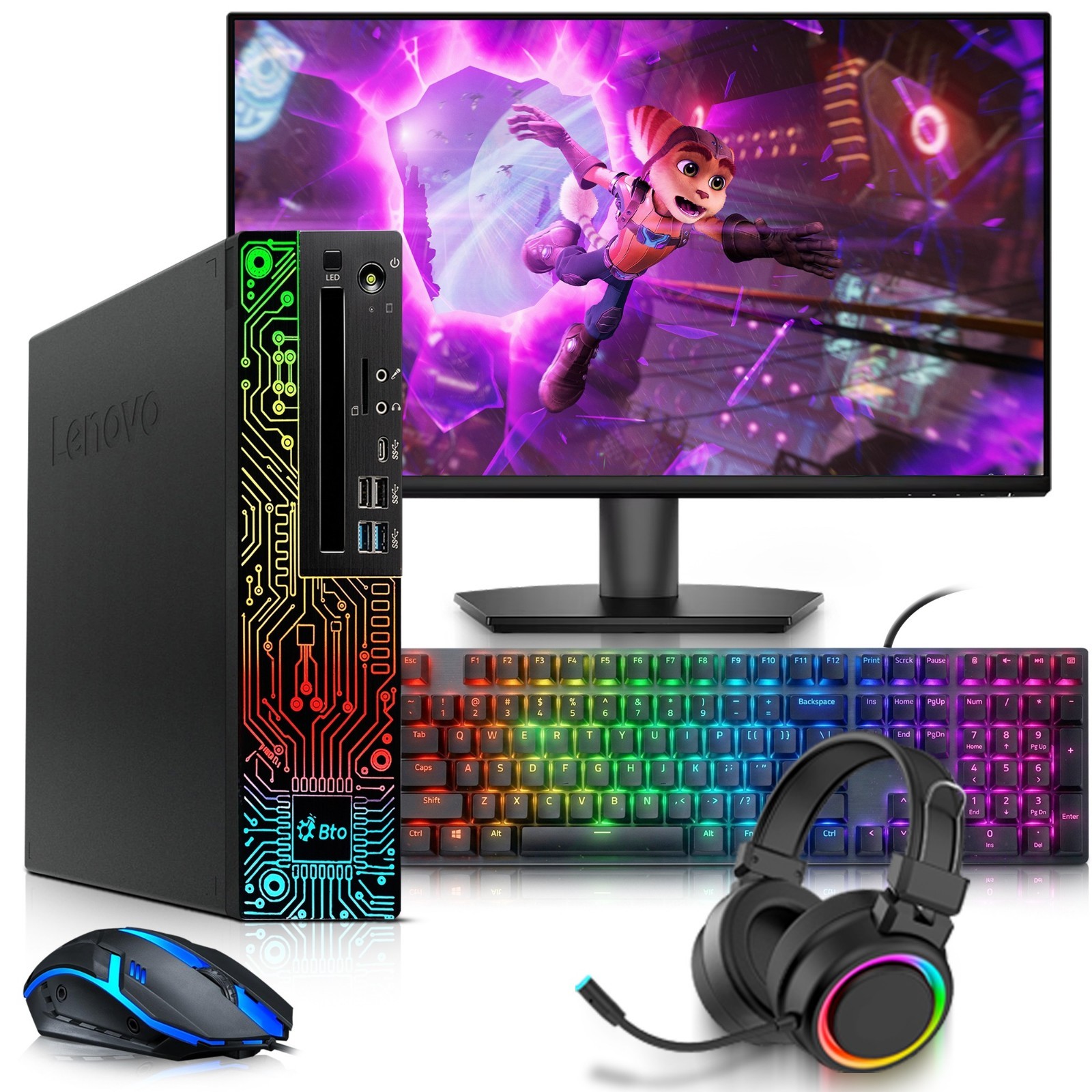 Lenovo RGB Gaming PC i5-8th 32GB 1TB SSD HDD AMD RX550 24” LED WiFi RGB-KB&M W11