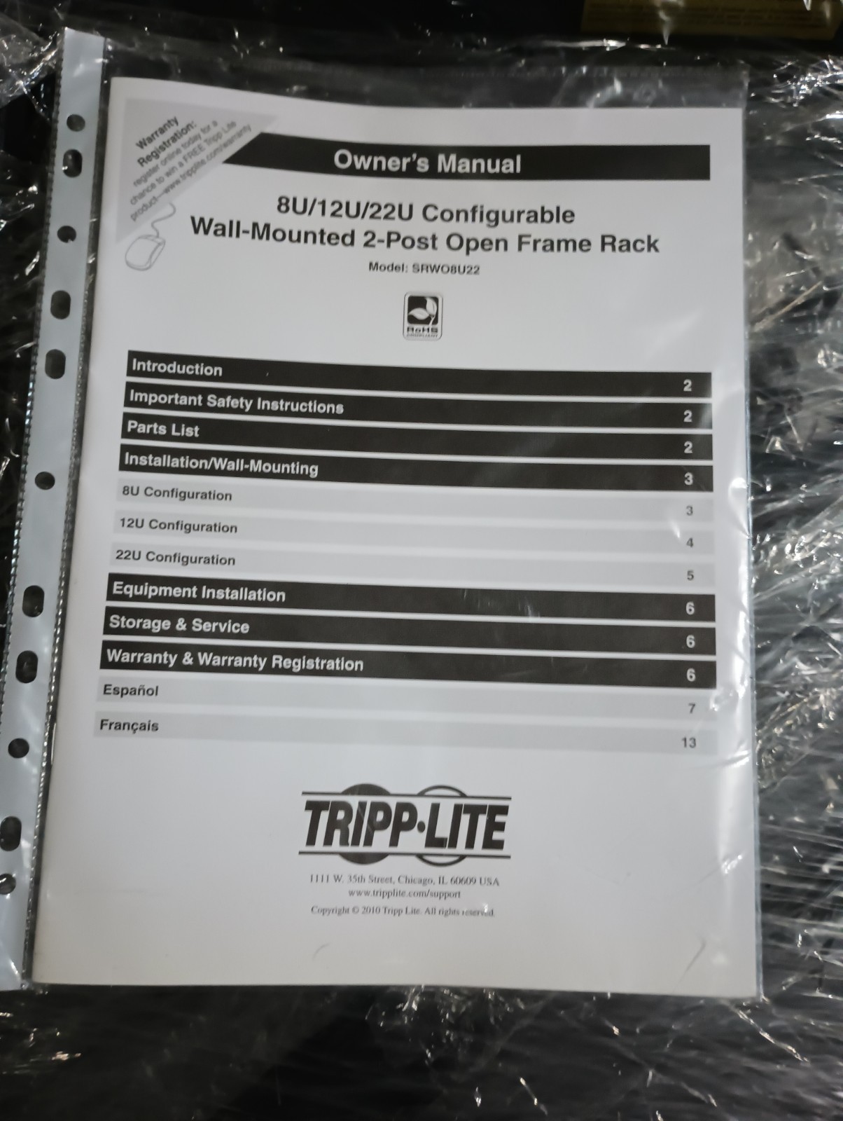 TRIPP LITE DATA CENTER SRWO8U22 8U 12U 22U 2 Post Open Frame Rack Cabinet NEW