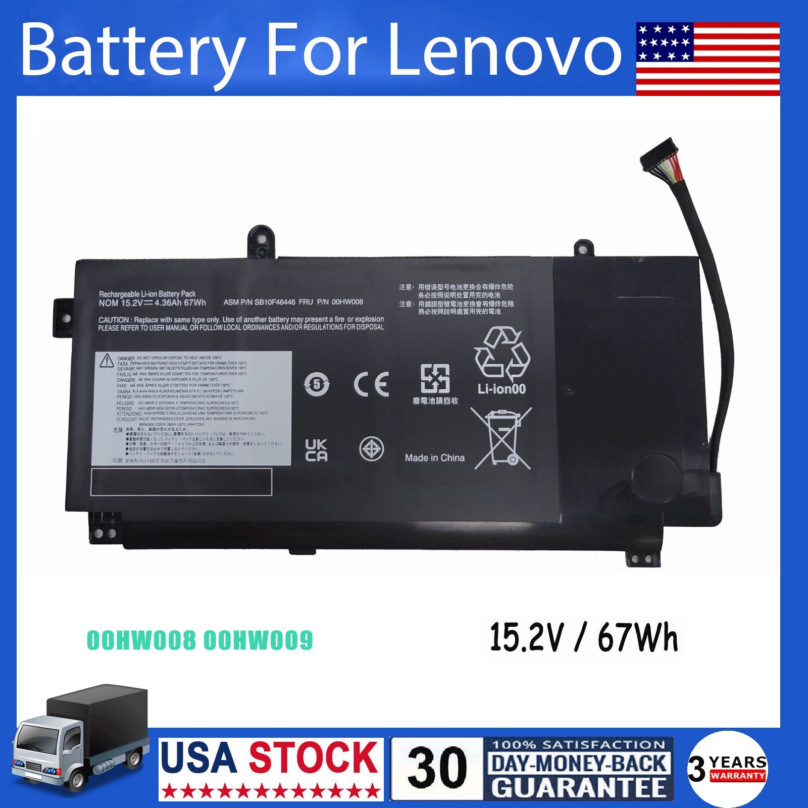 67Wh 00HW008 00HW009 Battery for Lenovo ThinkPad Yoga 15 20DQ 20DR SB10F46446 US