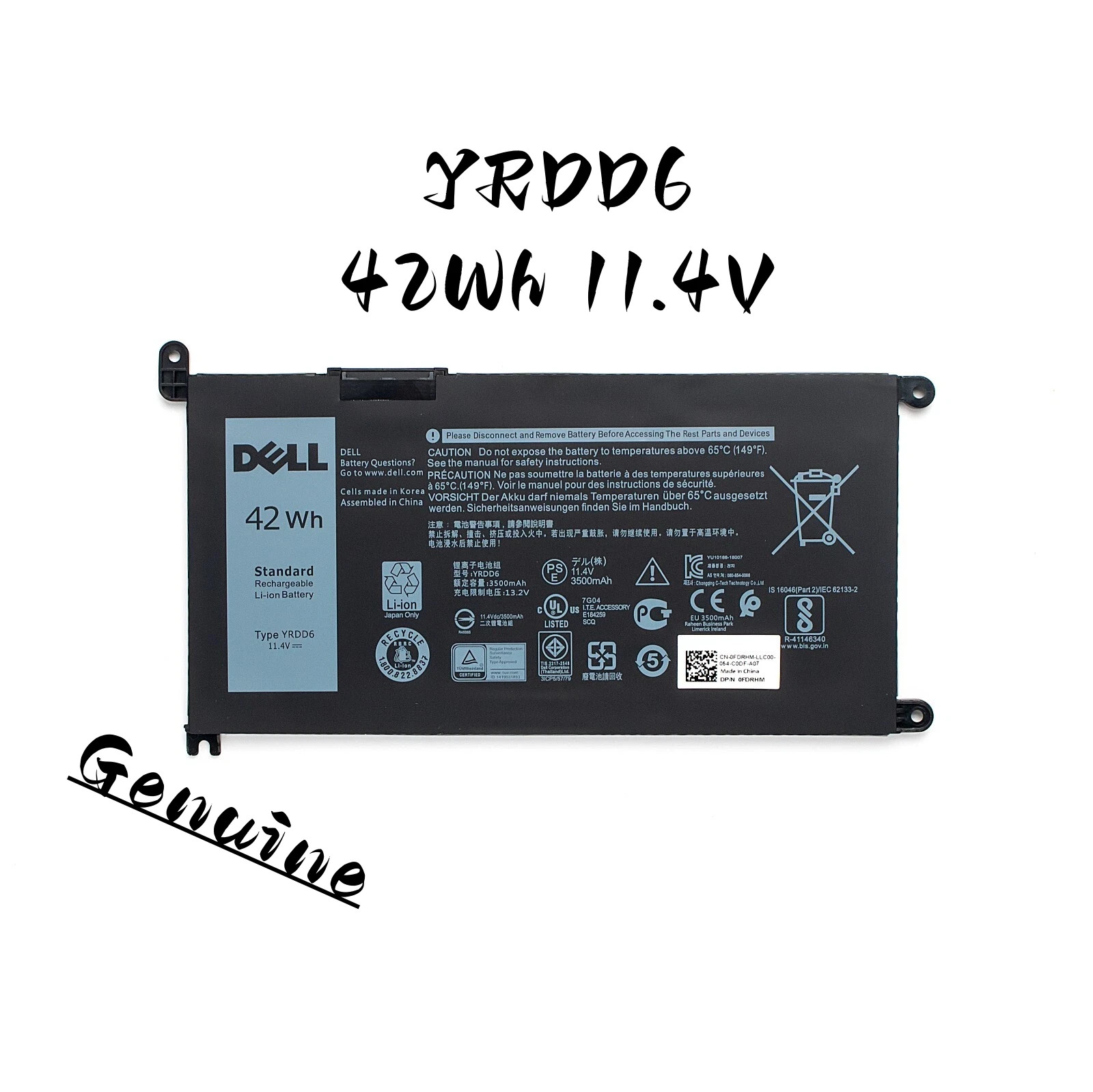 OEM Geniune 42Wh, 11.4V YRDD6 Dell Battery Dell Inspiron 1VX1H VM732 FDRHM