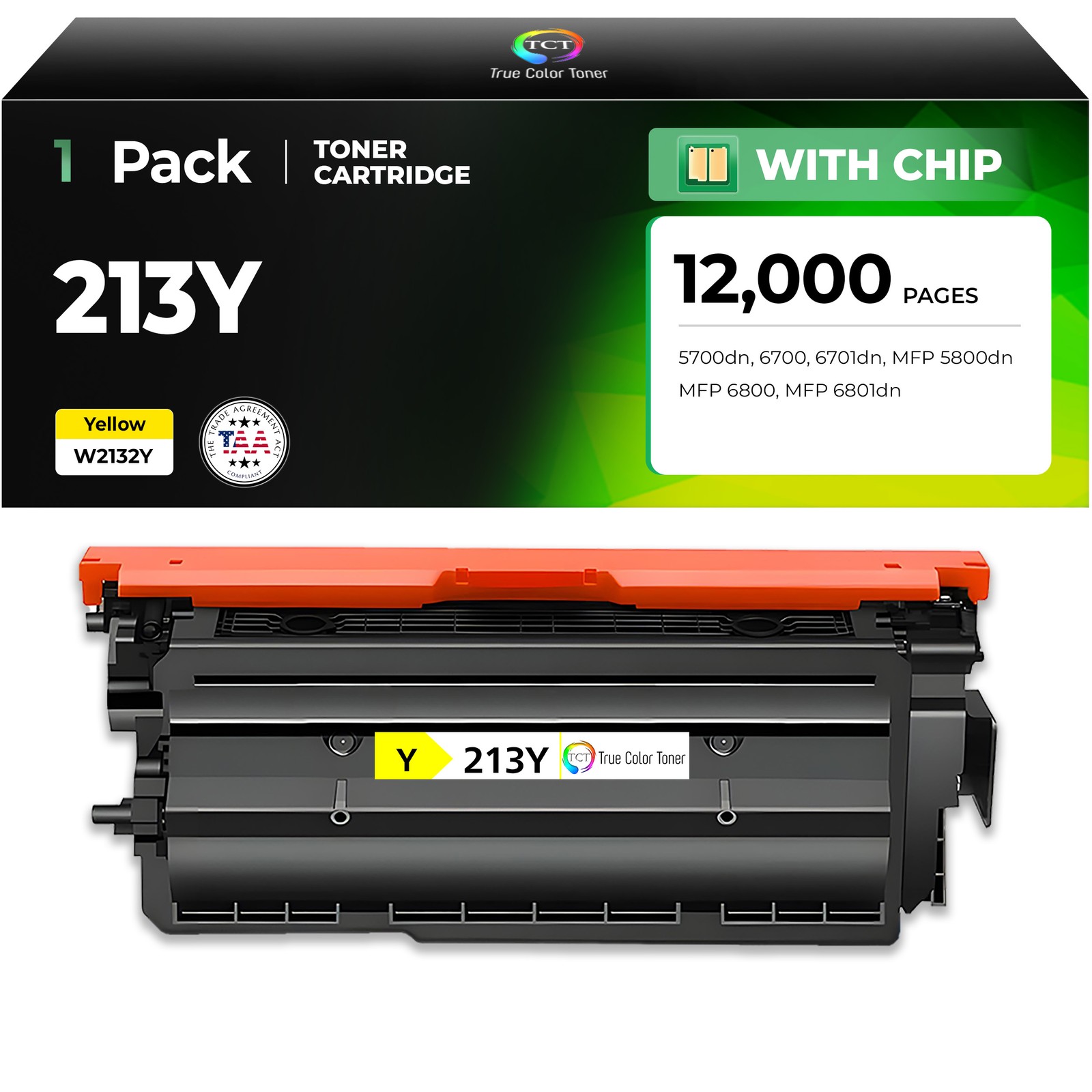 TCT W2132A TAA Compliant Yellow Toner Cartridge for HP 213Y - 5700dn 6700 6701dn