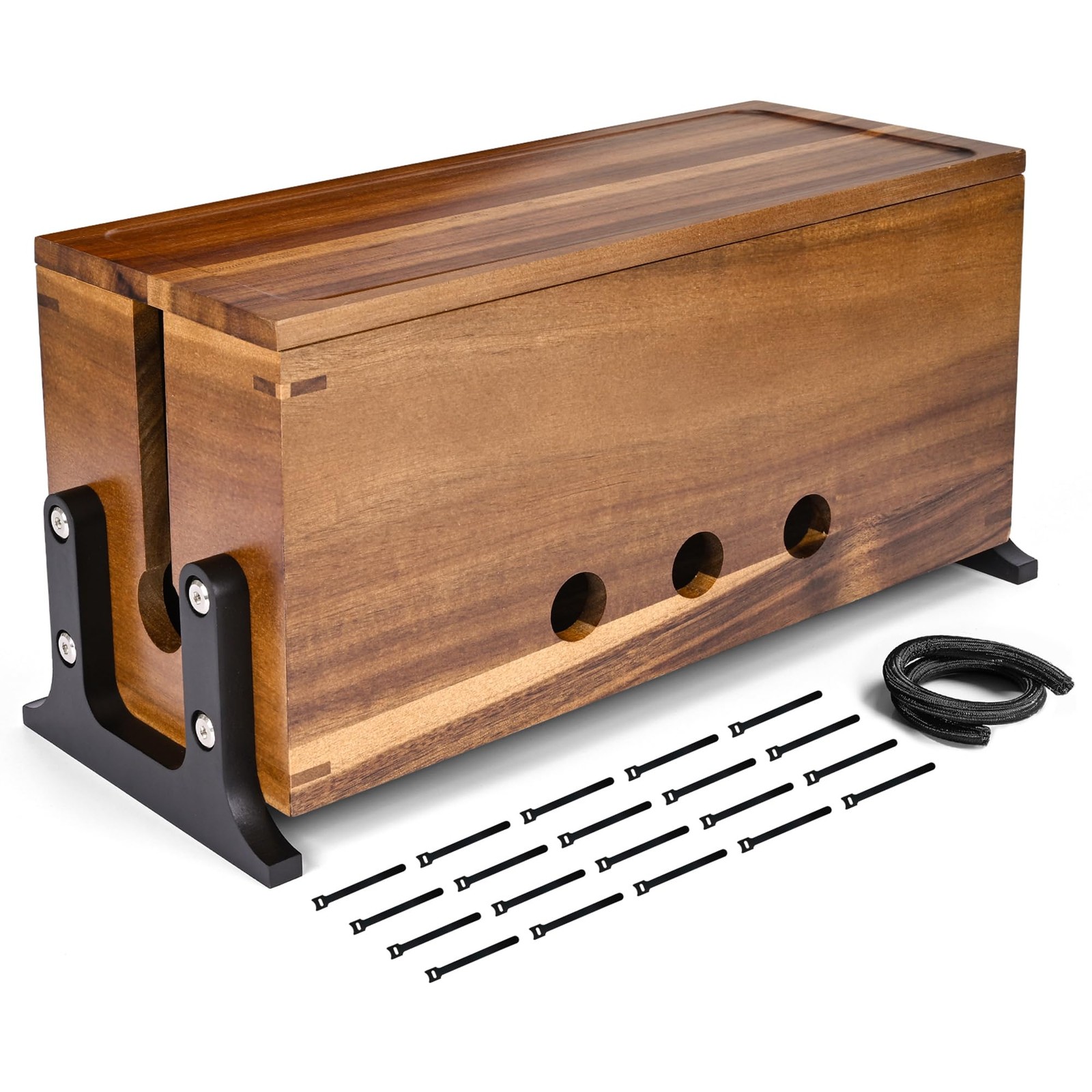 Extra Large Acacia Wood Cable Management Box Power Strip Cord Hider Desktop