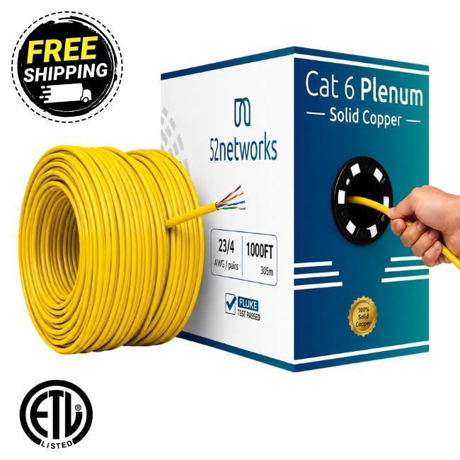 52Networks 1000FT Cat6 Plenum Solid Copper UTP Cable Yellow - ETL Listed