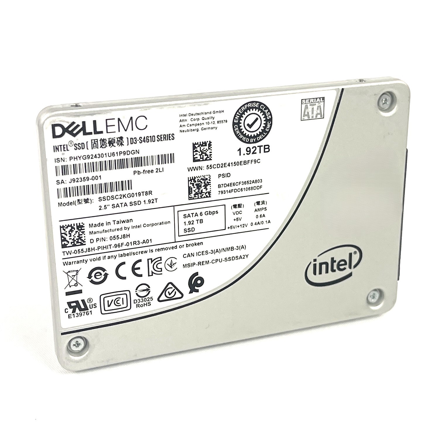 Dell EMC Intel SSD D3-S4610 Series 1.92TB 2.5" SATA III SSDSC2KG019T8R 55J8H