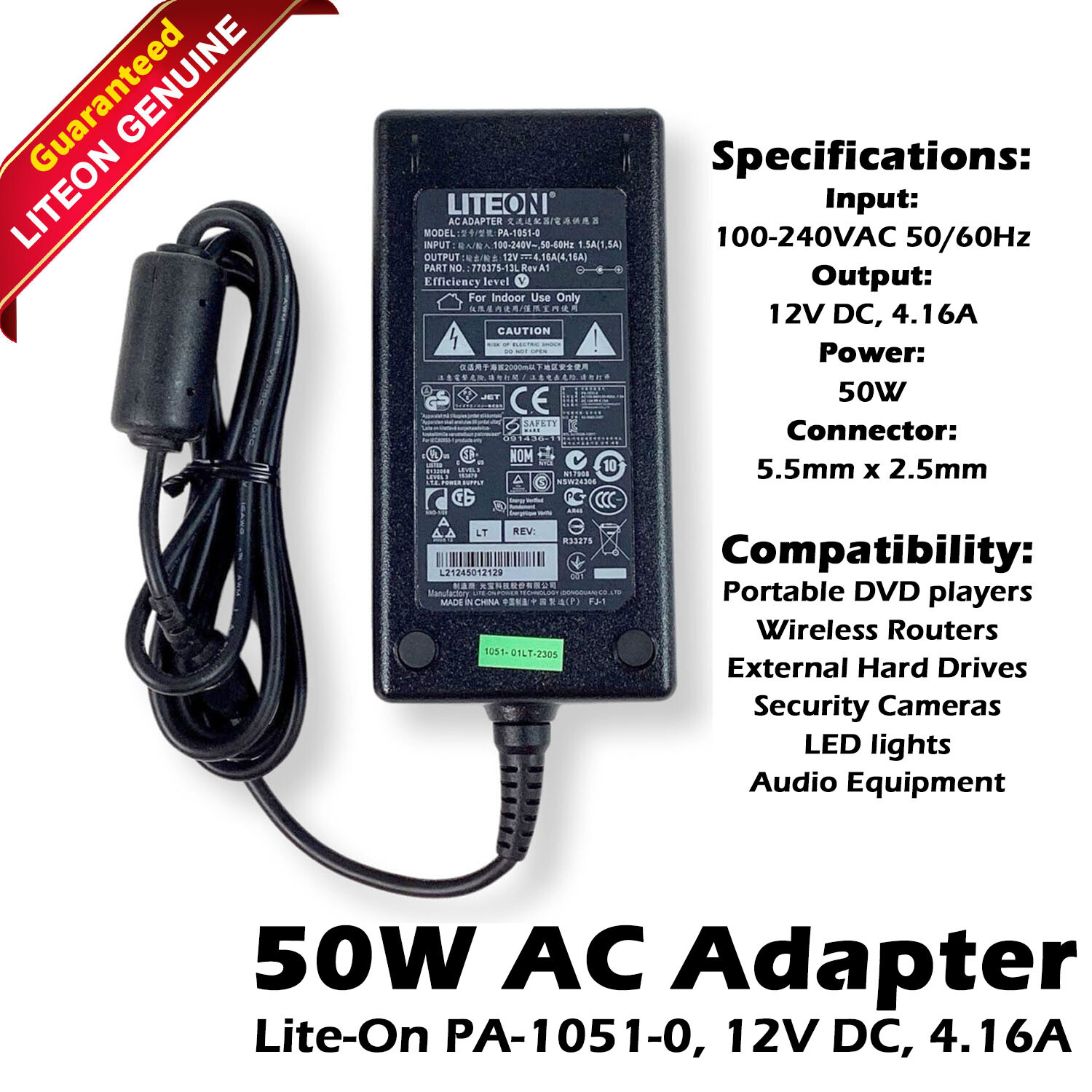 Universal Liteon PA-1051-0 AC Adapter 100-240V 1.5A 12V 50W 5KTNX 05KTNX 770375-