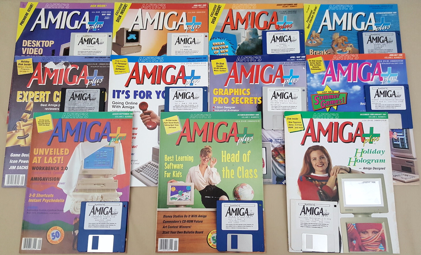 (11) Amiga+ Plus Magazines w/Disks ©1989-1991 Commodore Amiga 500 1000 2000 3000