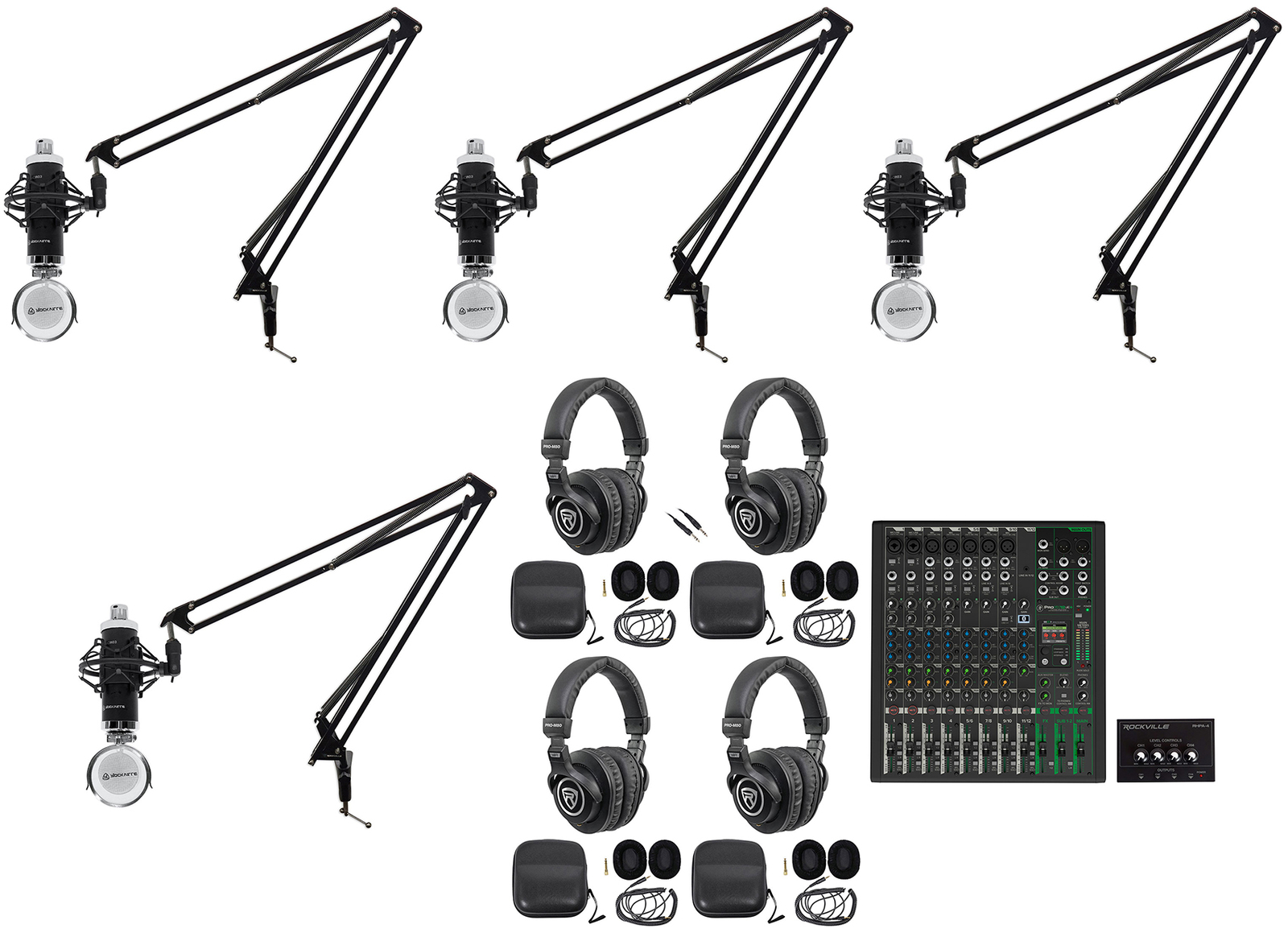 4-Person Podcast Podcasting Recording Kit w/Mackie ProFX12 v3+ Mixer+Boom Arms
