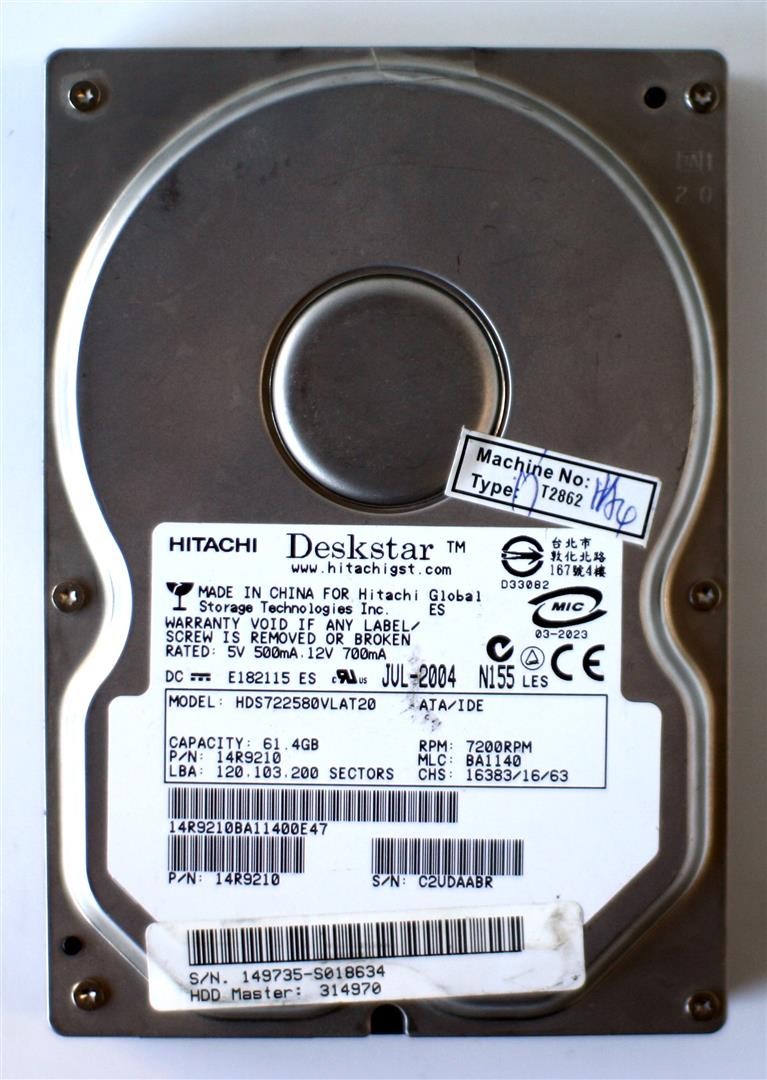 Hitachi deskstar 61.4gb hds722580vlat20 p/n: 14r9210 7200rpm mlc: ba1140