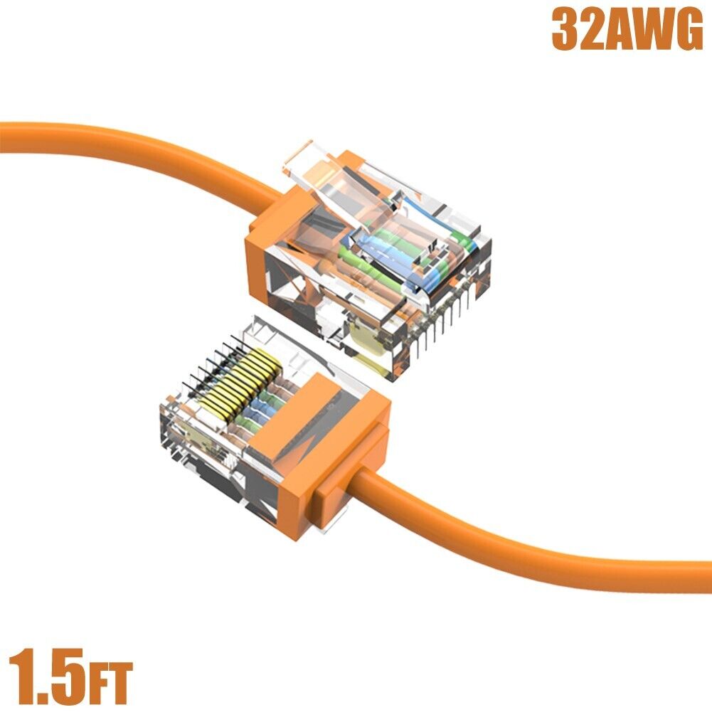 1.5FT Cat6A RJ45 Network LAN Ethernet UTP Patch Cable Super Slim 32AWG Orange