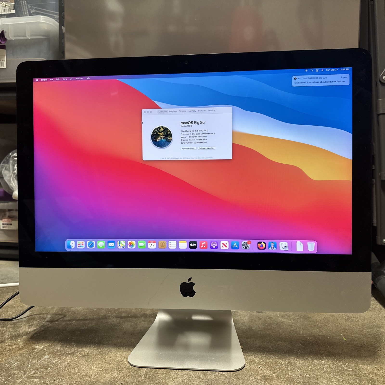 Apple iMac 21.5 2017 Retina 4K (1TB HDD, Intel Core I5, 3.00 GHz, 8GB). Big Sur