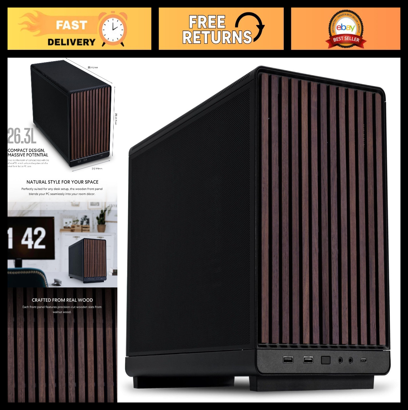 Micro ATX Case 26.3L Wood Front Panel Mini Tower - Sleek Black Design, Compact C