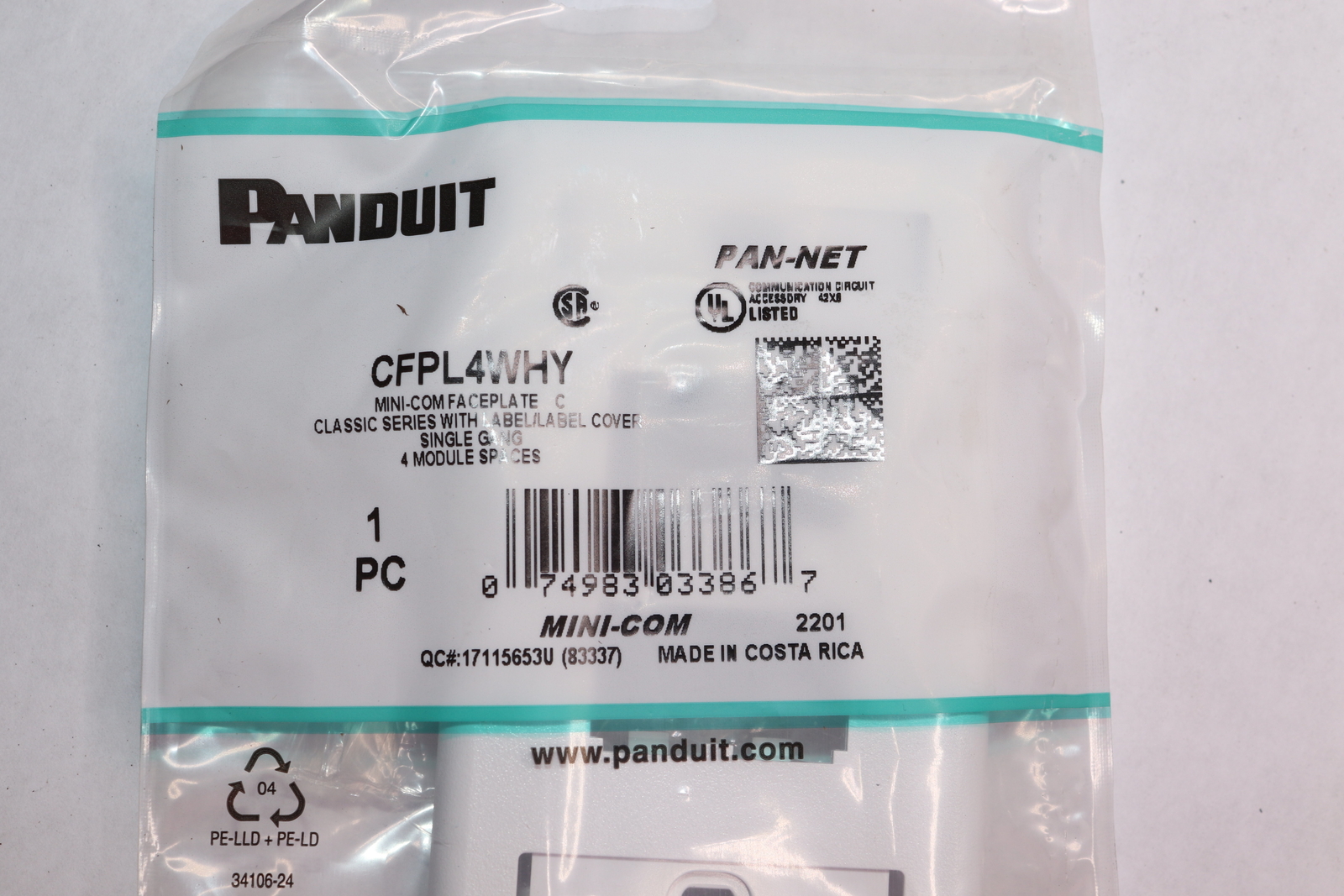 Panduit 1-Gang 4-Port Faceplate White CFPL4WHY
