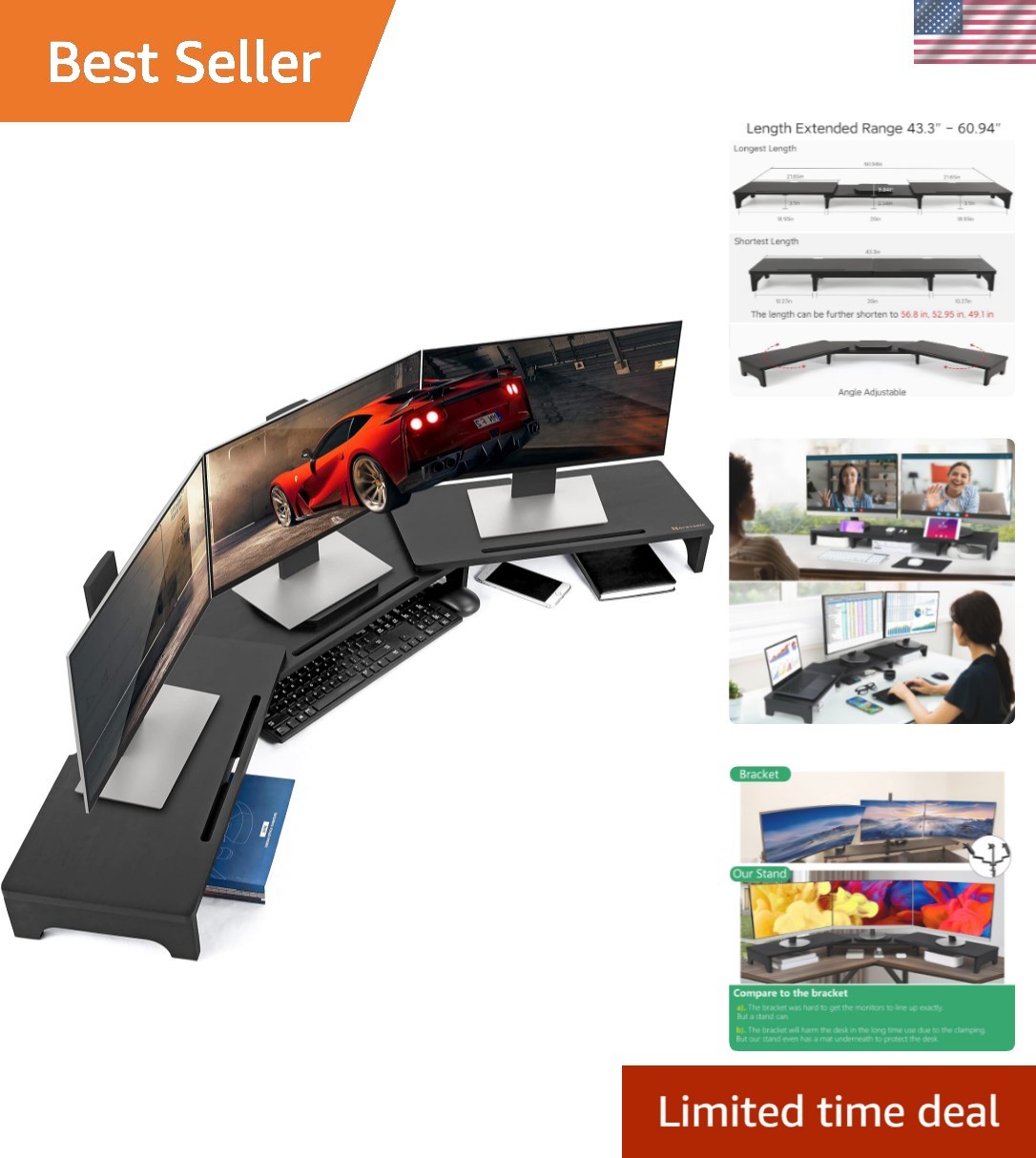 Monitor Stand Riser, 60 inch Large Bamboo Dual Monitor Stand for Desk, 3 Shel...
