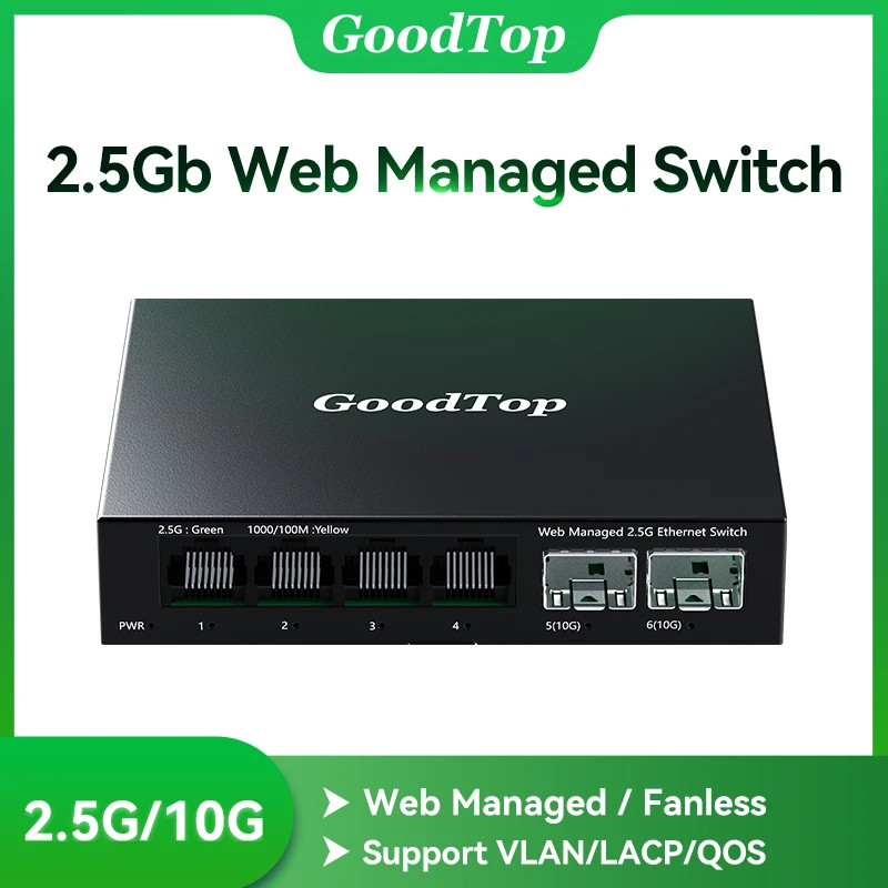 GoodTop 6 Port 2.5Gb Managed Switch 10G SFP+ VLAN QoS Link Aggregation