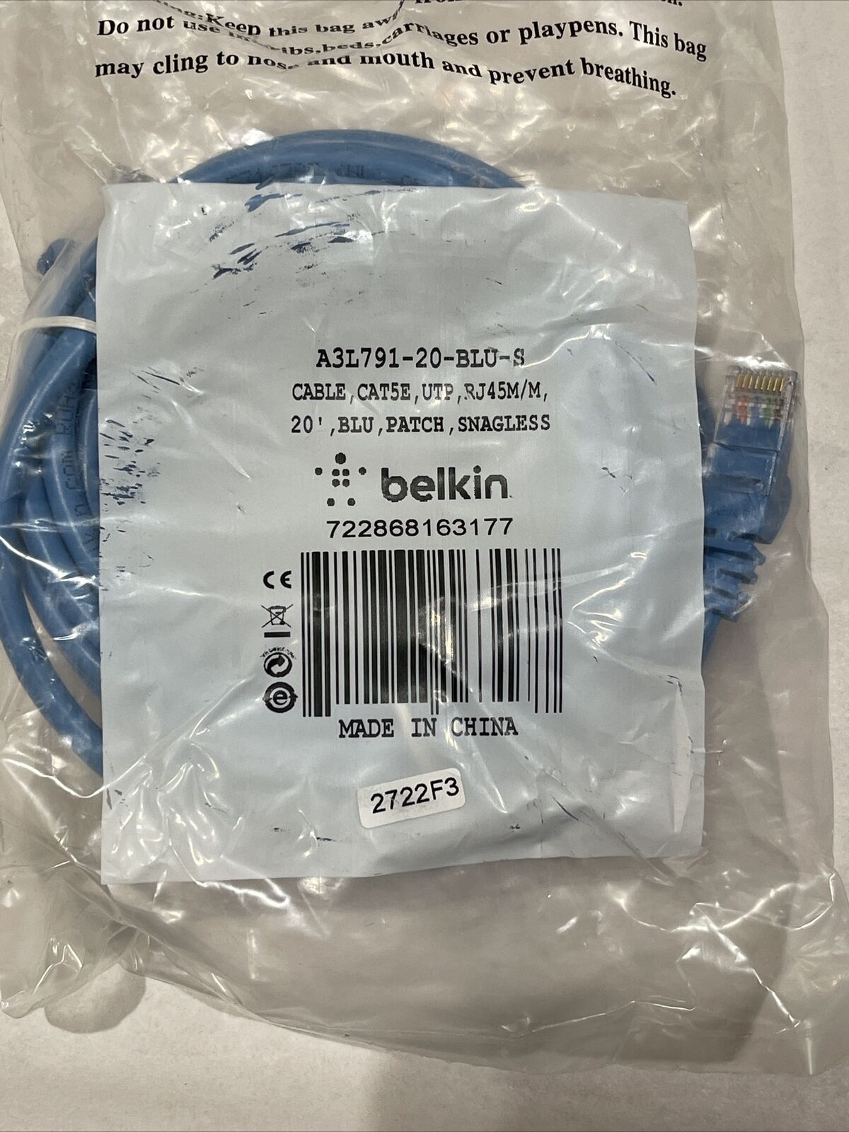 Belkin A3L791-20-BLU-S Patch Cable 20ft Length CAT5e RJ45M New
