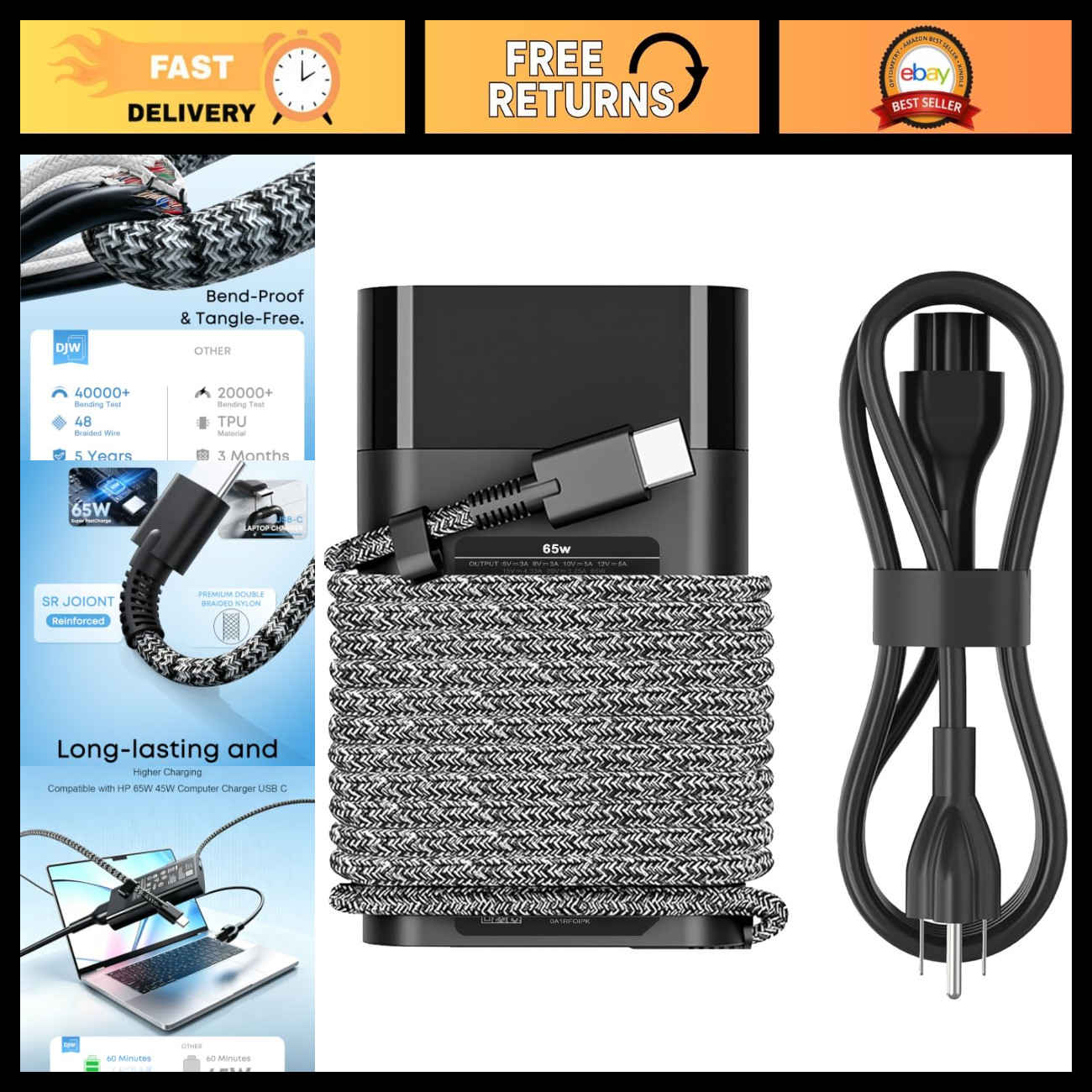 65W USB C Laptop Charger for HP Spectre, Envy, Elitebook, Chromebook - Travel Po