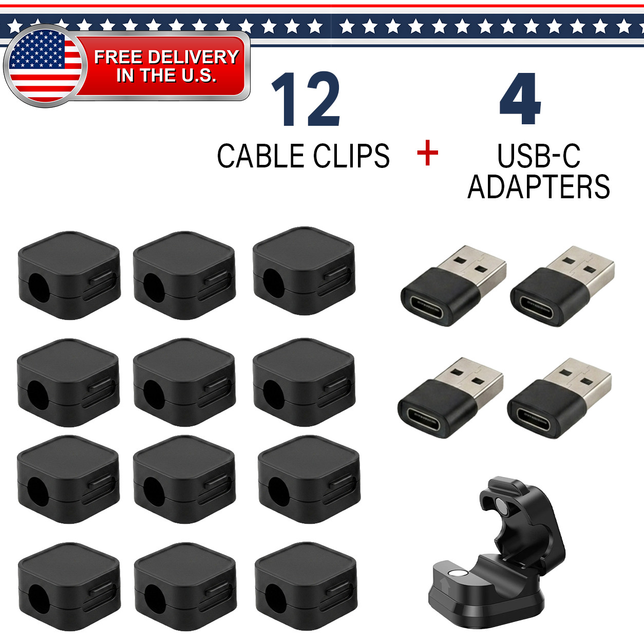12PCS Magnetic Cable Organizer Clips | Desktop + 4PCS USB C to USB 3.0 Adapter