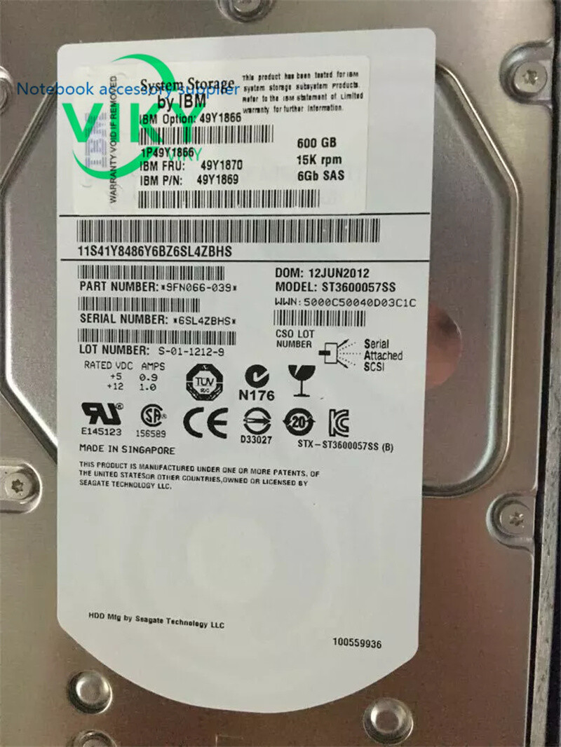 49Y1866 49Y1870 49Y1869 IBM 600GB 15K 3.5'' 6GBPS HS LFF SAS HARD DRIVE
