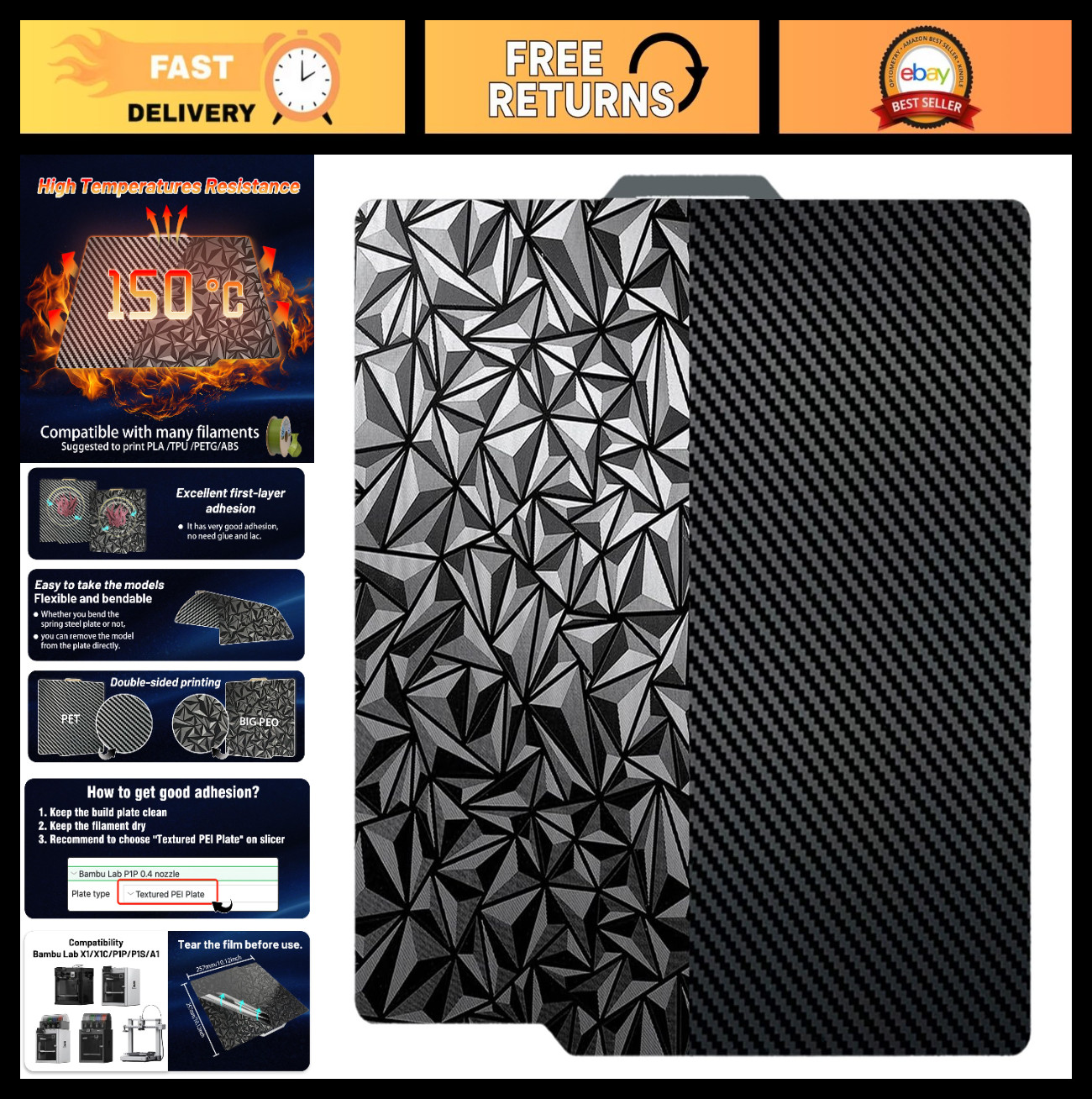 3D Printer Build Plate 257x257mm, Diamond PEO Carbon Fiber, Flexible Double-Side